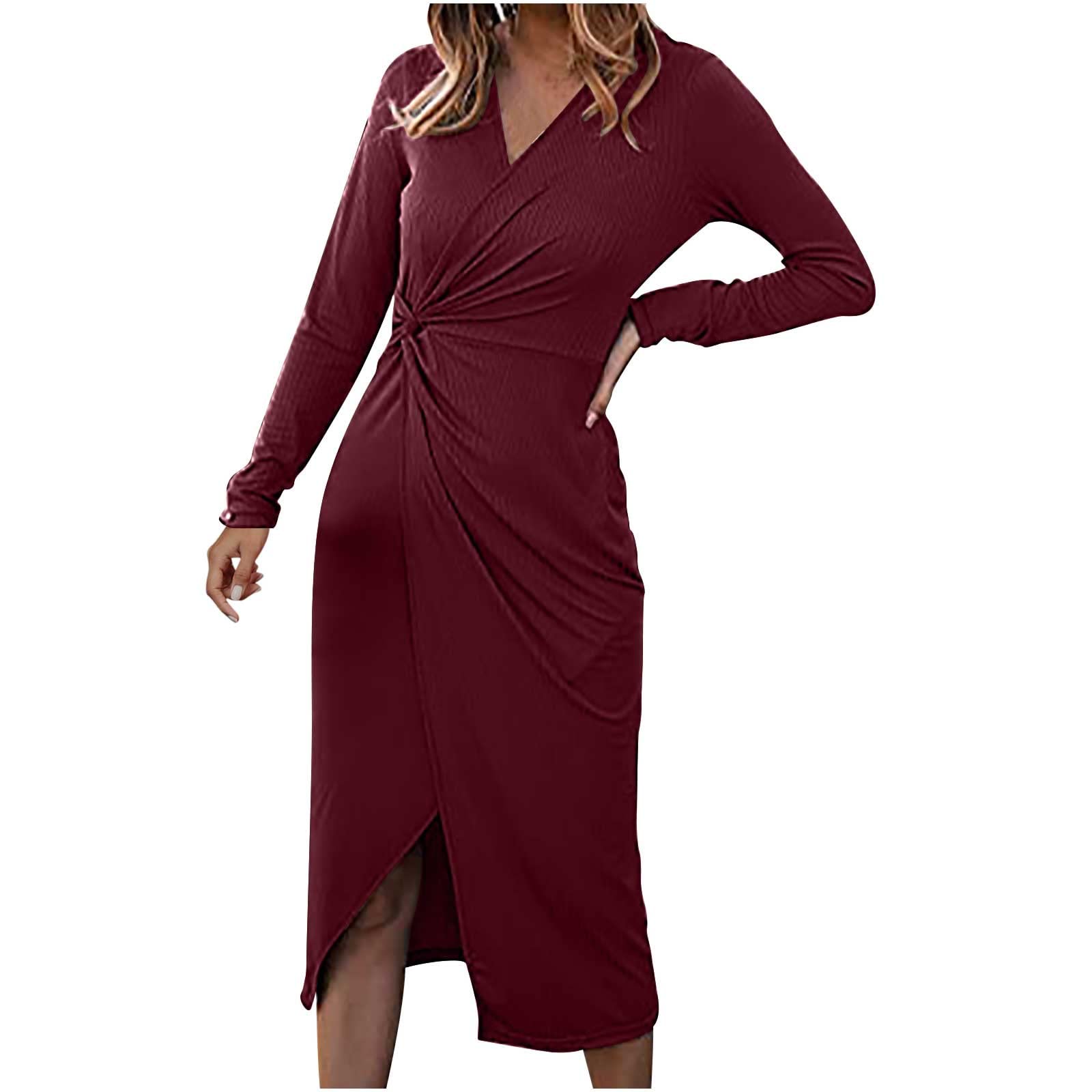 BmkBWO Women's Elegant Long Sleeve Cocktail Dress - V Neck Wrap Midi Dress with Slit, Solid Color Formal Gown for Wedding Guest, Party & Special Occasions
