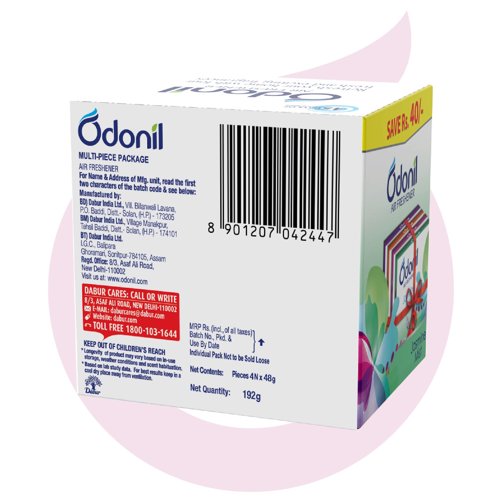 Odonil Long-Lasting Bathroom & Toilet Air Freshener Blocks - 192g (48g x 4) with Essential Oils | Germ Protection & Odor Elimination | Lasts Up to 30 Days | Fresh Scent for Home, Office, Restroom & RV | Perfect for Small Spaces, Pet Areas & High-Traffic Bathrooms