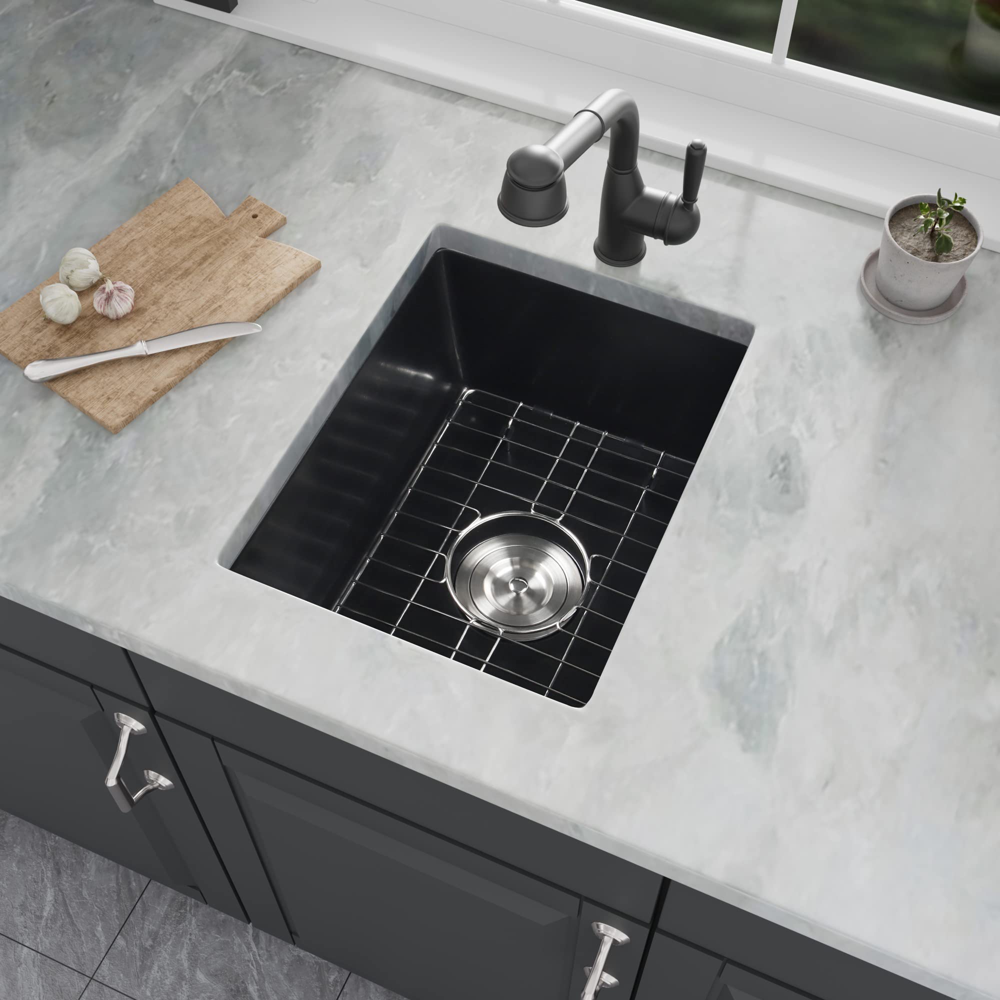 Black Granite Composite Undermount Bar Sink 15x17 Inch - Small RV Kitchen Sink for Tiny Homes, Campers & Outdoor Bars | Durable & Stylish Sink Solution