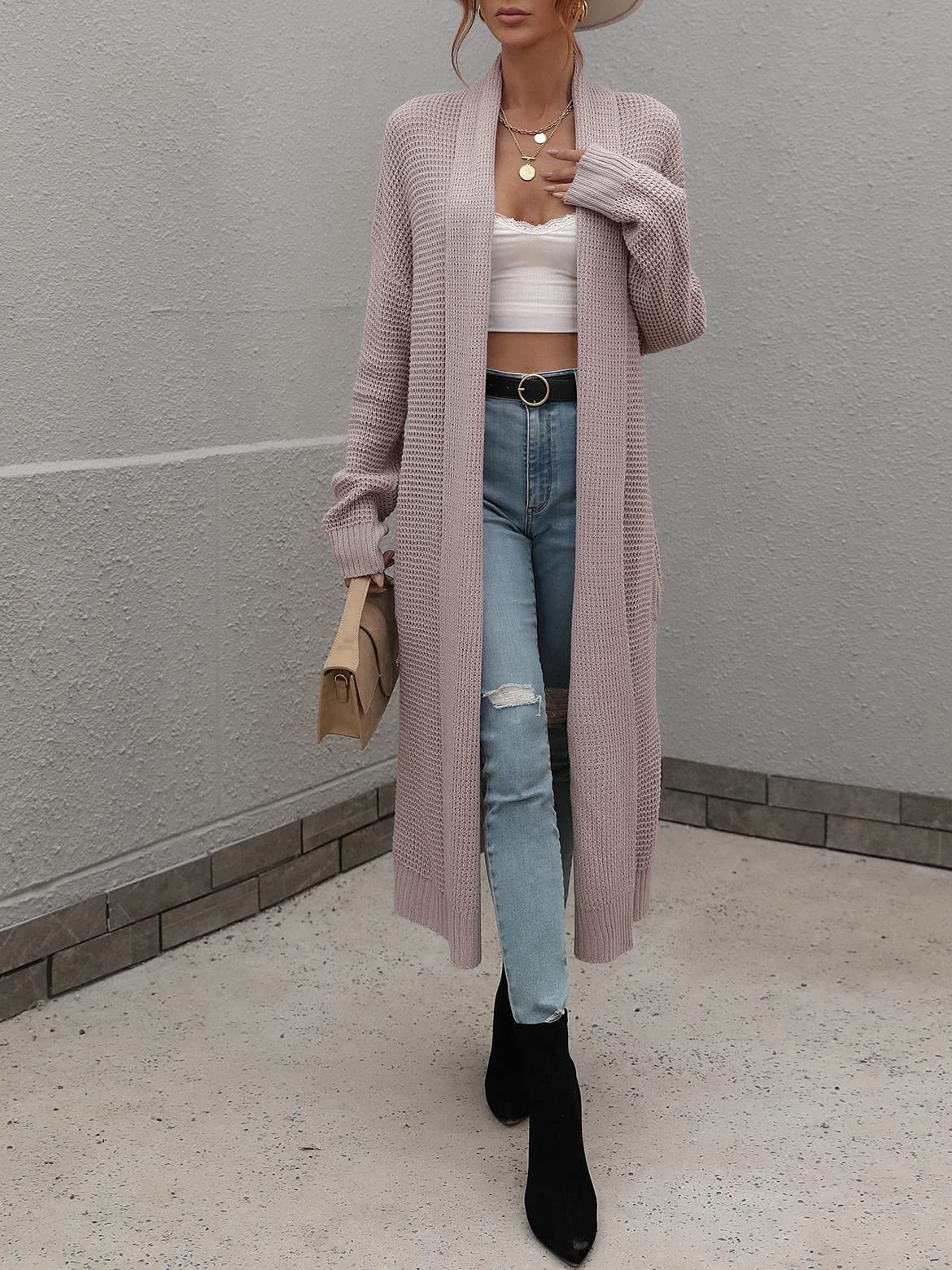 CHARTOU Women's Lightweight Long Waffle Knit Shawl Collar Open Front Duster Cardigan Sweater - Cozy Fall Layering Piece for Office, Date Night & Casual Outings