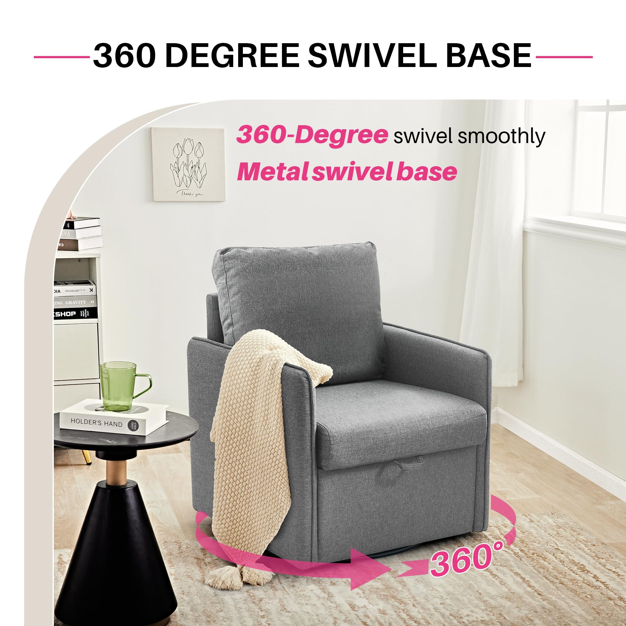 Redlife 360° Swivel Accent Chair Set of 2 with Storage - Mid Century Modern Upholstered Fabric Lounge Chairs for Living Room, Bedroom, Office (Gray) - Perfect for Small Spaces, Reading Nooks & Home Decor