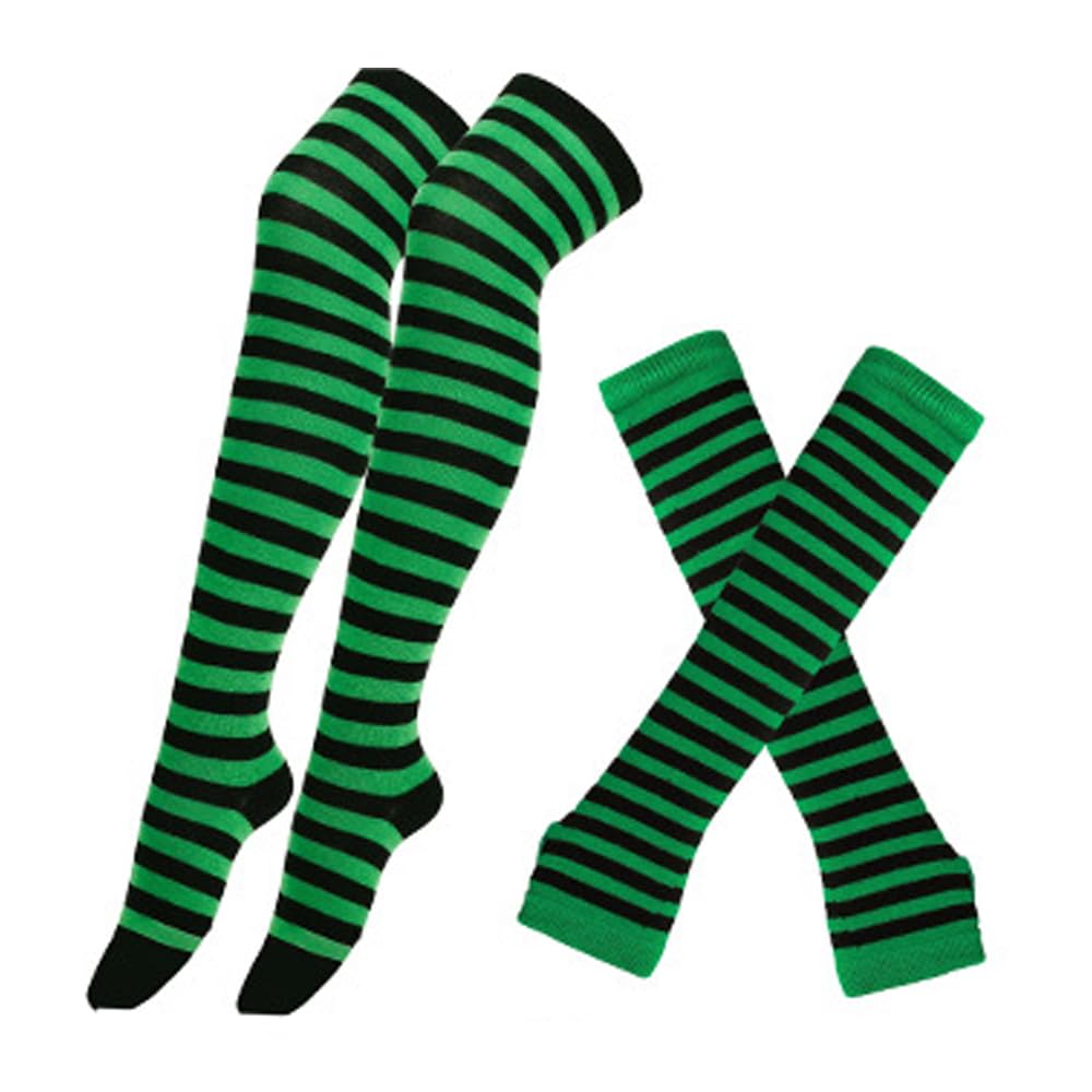 Benefeet Women's Striped Thigh High Socks & Arm Warmers Set with Fingerless Gloves - Over Knee High Stockings for Halloween, Cosplay, Winter Fashion & Outfit Accessories