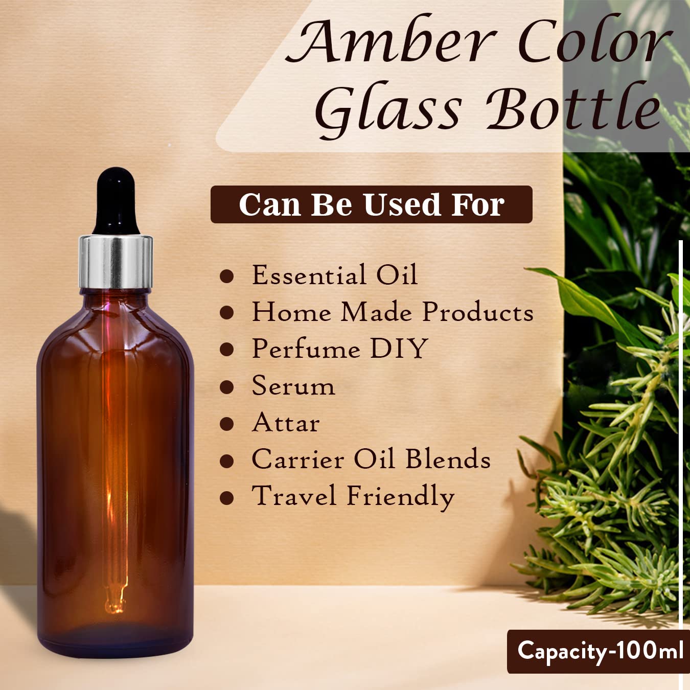 NSB Herbals 100ml Amber Round Empty Glass Bottle with Glass Dropper, Silver Ring & Black Silicone Teat - Refillable Essential Oil Bottle for DIY Perfumes, Aromatherapy, and Herbal Extracts (Pack of 1)