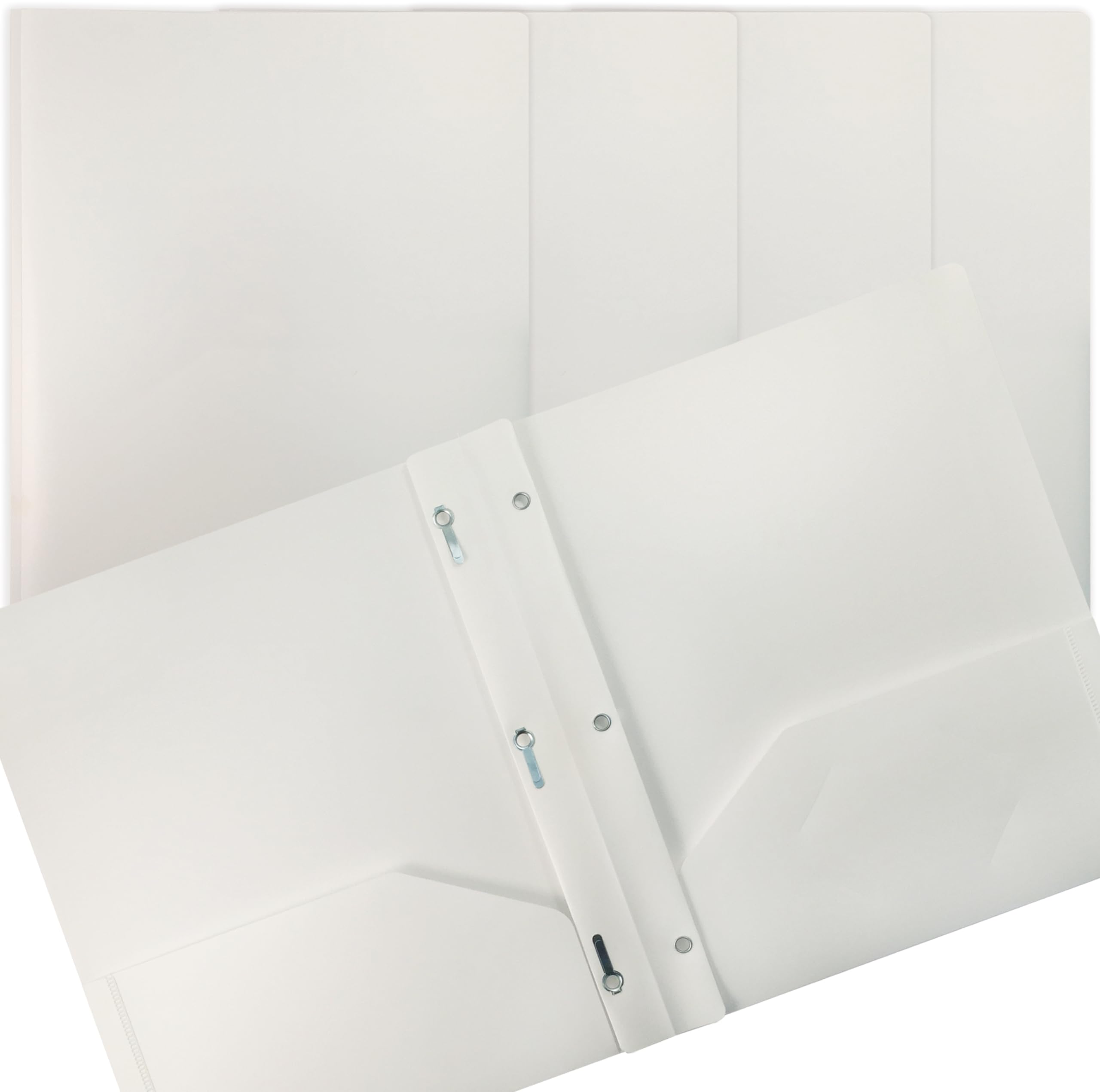 Better Office Products 24-Pack Heavyweight White Plastic 2-Pocket Folders with 3 Metal Prongs Fastener Clips - Letter Size Poly Folders for School, Office & Document Organization