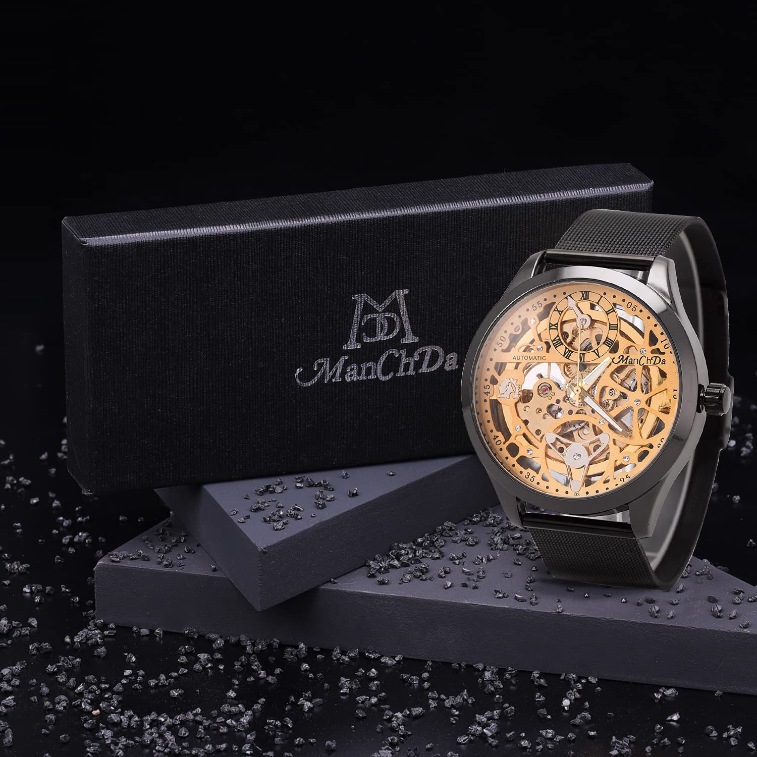 ManChDa Automatic Skeleton Mechanical Watch for Men - Waterproof Stainless Steel Wristwatch with Date Display | Perfect for Business, Formal Events & Daily Wear