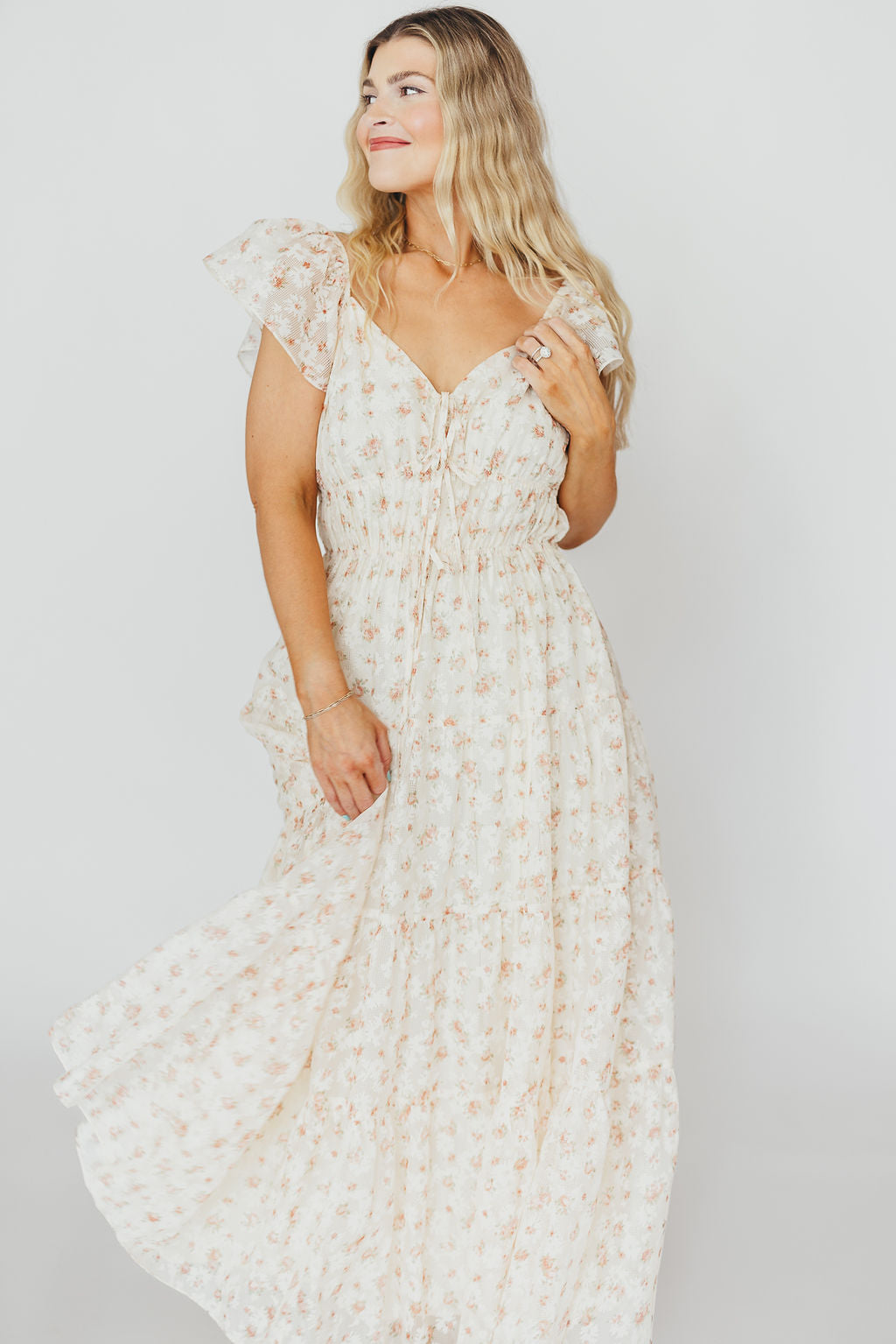 Elegant Floral & Gingham Ruffled Maxi Dress for Women - Cream Peach Summer Dress, Boho Chic Beach Wedding Guest Outfit, Perfect for Vacations & Outdoor Parties
