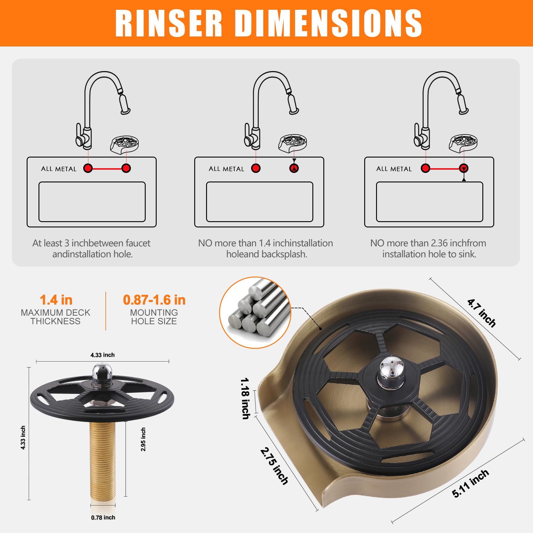 Upgraded 360° Rotating Stainless Steel Glass Rinser for Sink - Brushed Gold Cup Washer with Football Competition Design - Perfect for Bar Sink Attachment, Home Kitchen & Commercial Use