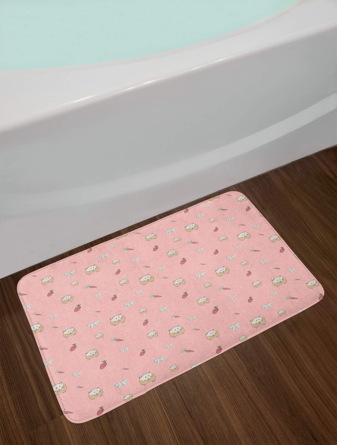 Ambesonne Plush Hamster Bath Mat - Non-Slip Cartoon Guinea Pig Design with Pink Carrot & Bowtie - 30