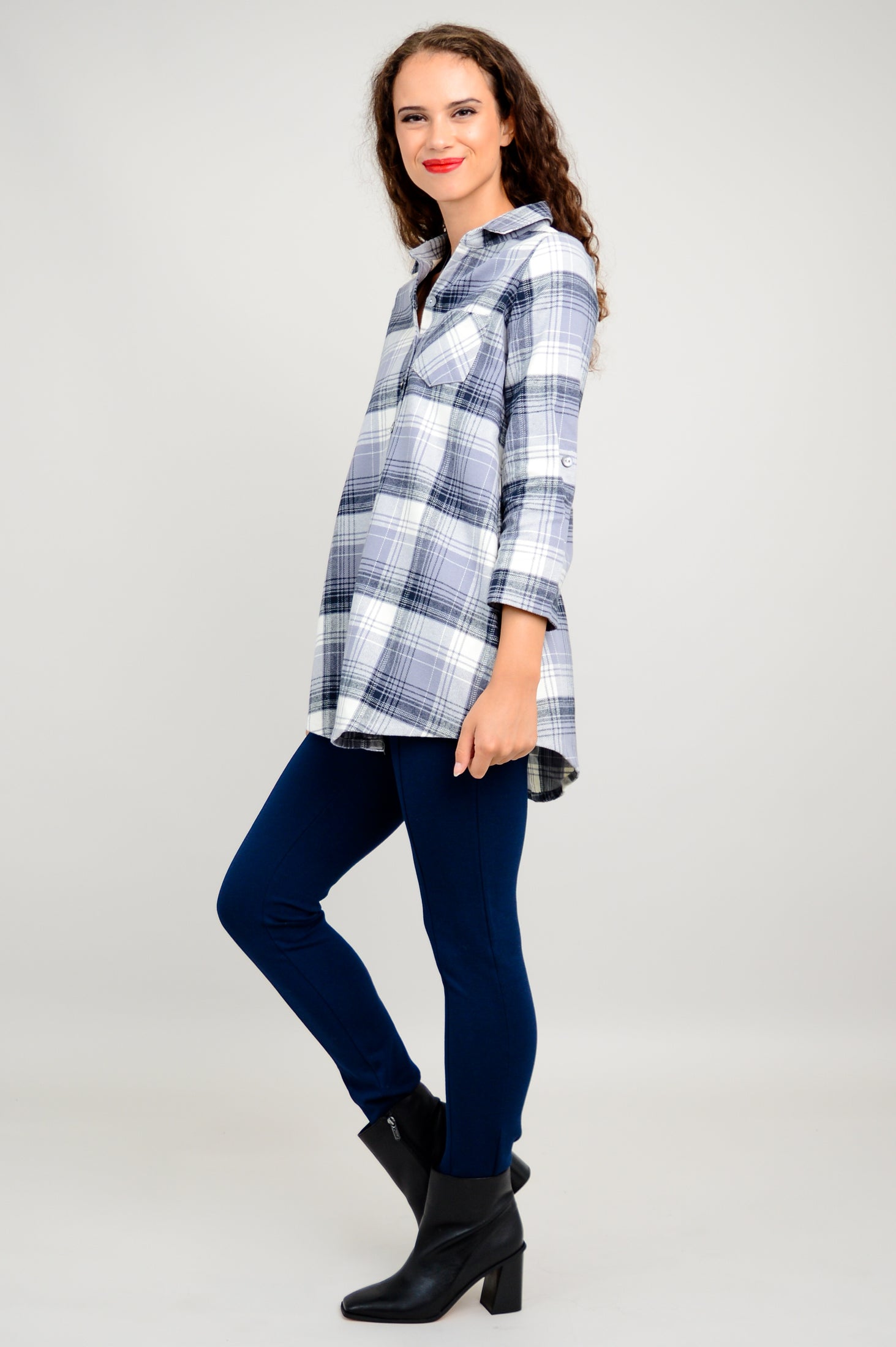Celine Tunic - Charcoal Plaid Cotton Flannel Shirt for Women | Cozy Fall & Winter Layering Piece for Office or Casual Outfits