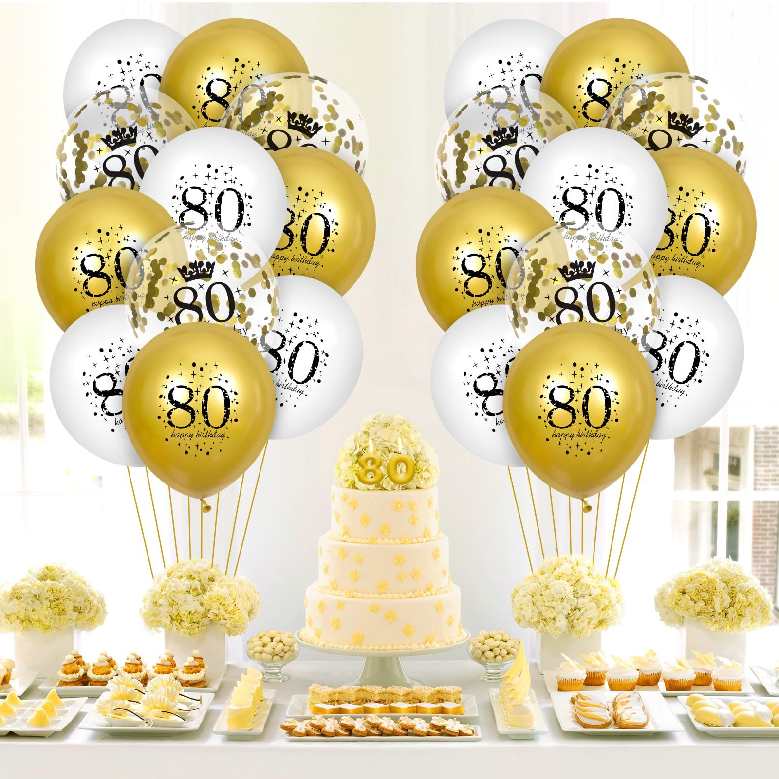 15Pcs White Gold Happy 80th Birthday Balloons - 12 Inch Latex Confetti Balloons for Men & Women - 80th Anniversary Party Decorations - Perfect for Milestone Birthday Celebrations, Retirement Parties & Golden Anniversary Decor