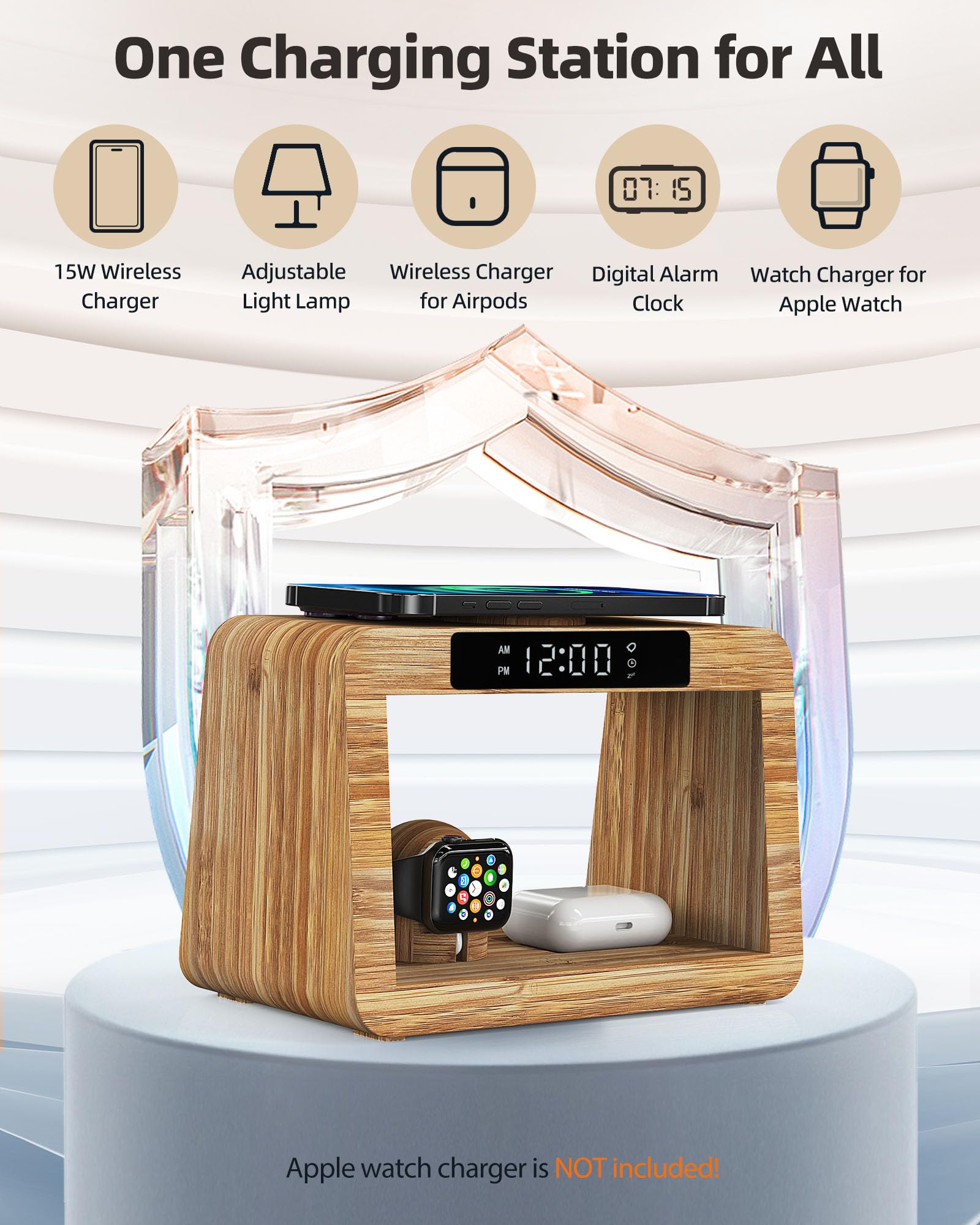 Bamboo Wireless Charging Station with Digital Alarm Clock & Night Light - Fast Qi Charger Stand for iPhone 15/14/13/12/11 Pro Max/X/Xs, AirPods Pro, iWatch Series 8/7/6/5/SE - Perfect for Bedside, Office & Travel Charging