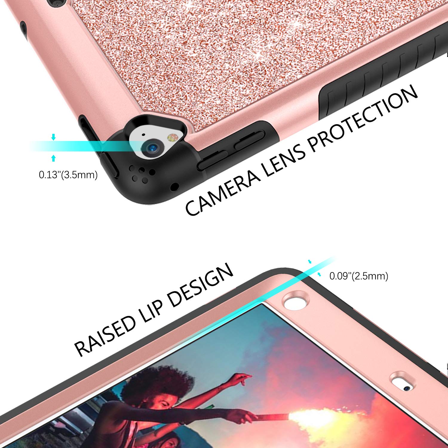 BENTOBEN Glitter Shockproof Case for iPad Air 2 / iPad 9.7 2017 2018 / iPad Pro 9.7 / iPad 5th 6th Generation - 3-Layer Full Body Protective Cover for Women Girls Kids (Rose Gold) - Perfect for School, Travel & Daily Use