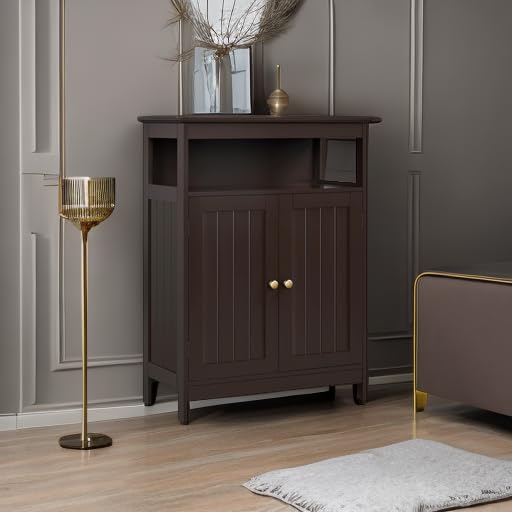 Yaheetech Wooden Bathroom Storage Cabinet - 2 Door Free Standing Organizer with Adjustable Shelf for Bathroom, Living Room, Hallway - Espresso Finish for Home Decor & Organization