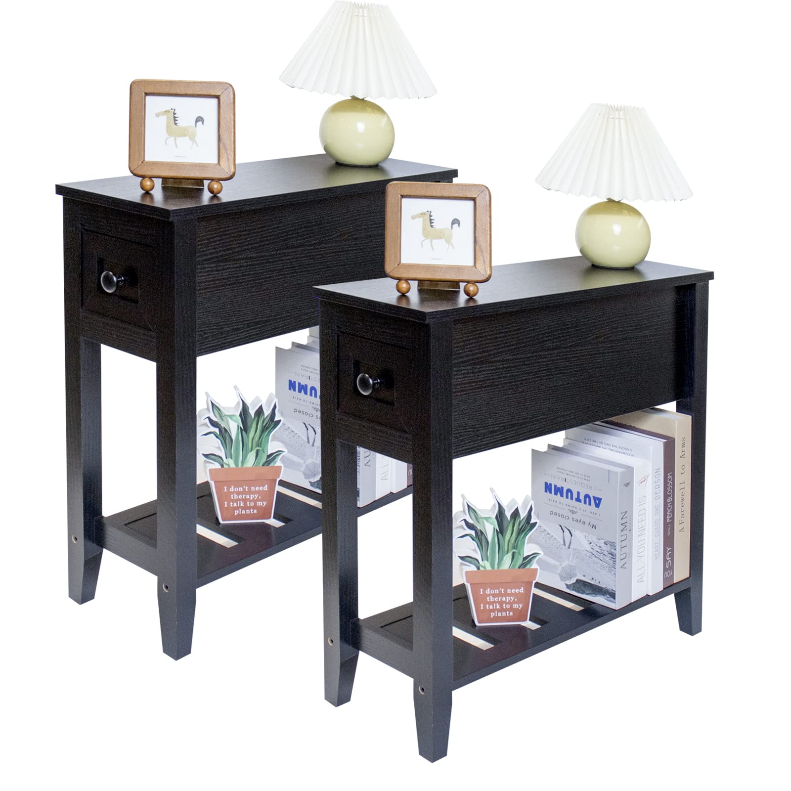 Slim Black Narrow End Table with Drawer - Space Saving Nightstand Set of 2 - Modern Side Table for Bedroom, Living Room & Small Spaces - Perfect as Couch Table, Night Stand or Apartment Furniture