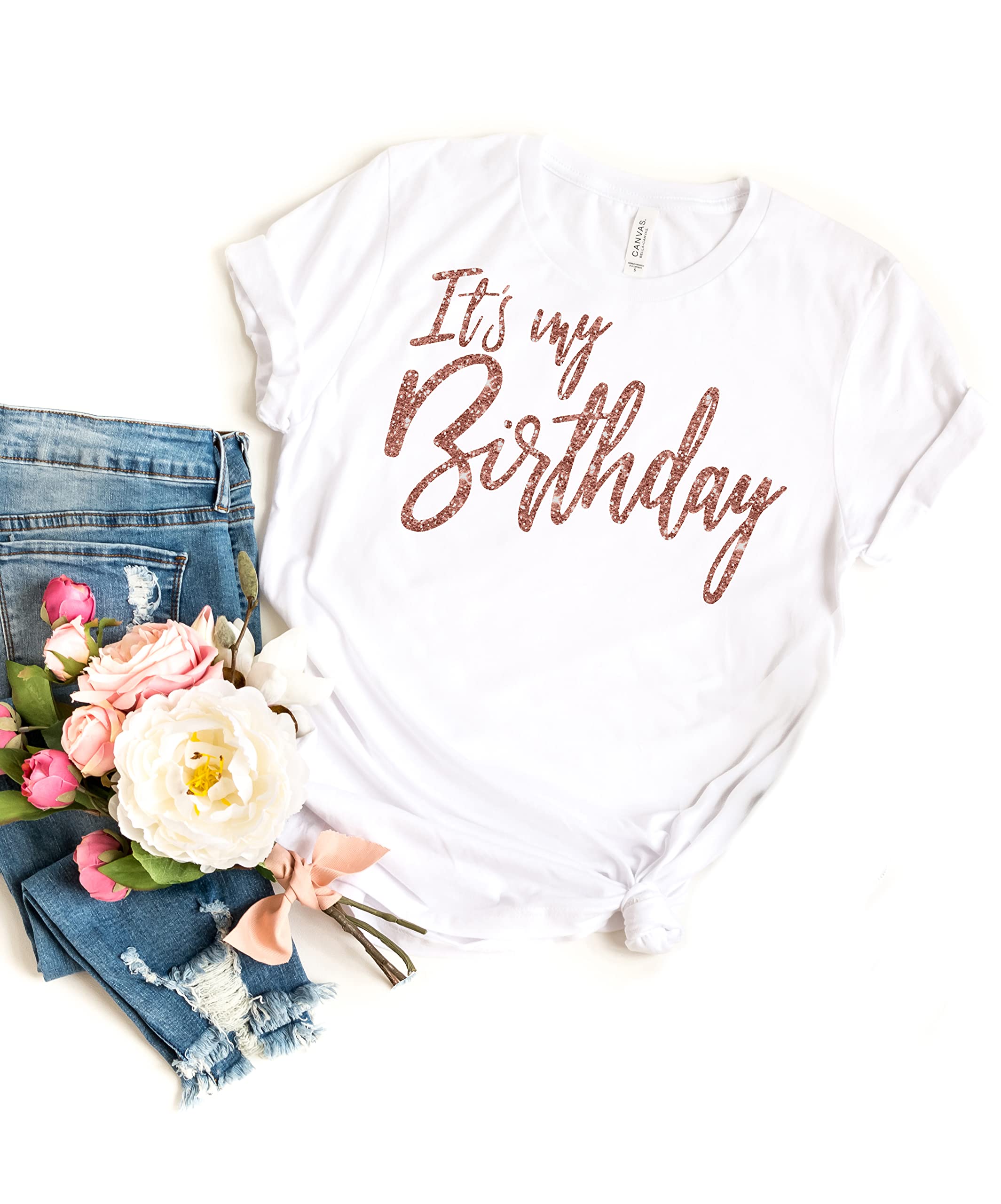 Women's Birthday Squad T-Shirt - Glam Rose Gold Party Tee - Small Black Crewneck Top for Bachelorette, Girls Night Out & Birthday Celebrations