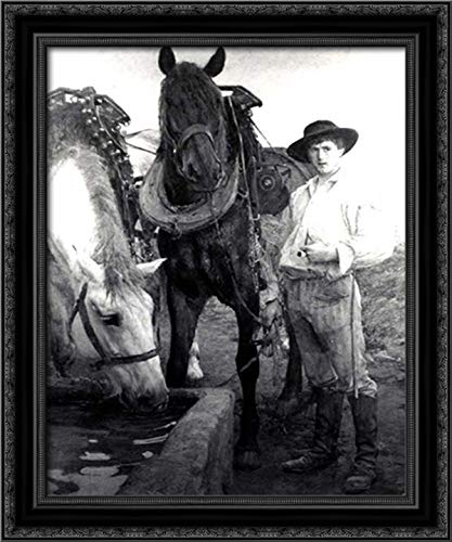 Horses at the Watering Trough 20x24 Inch Black Ornate Wood Framed Canvas Wall Art by Pascal Adolphe Jean Dagnan-Bouveret - Perfect for Living Room, Bedroom, or Office Decor