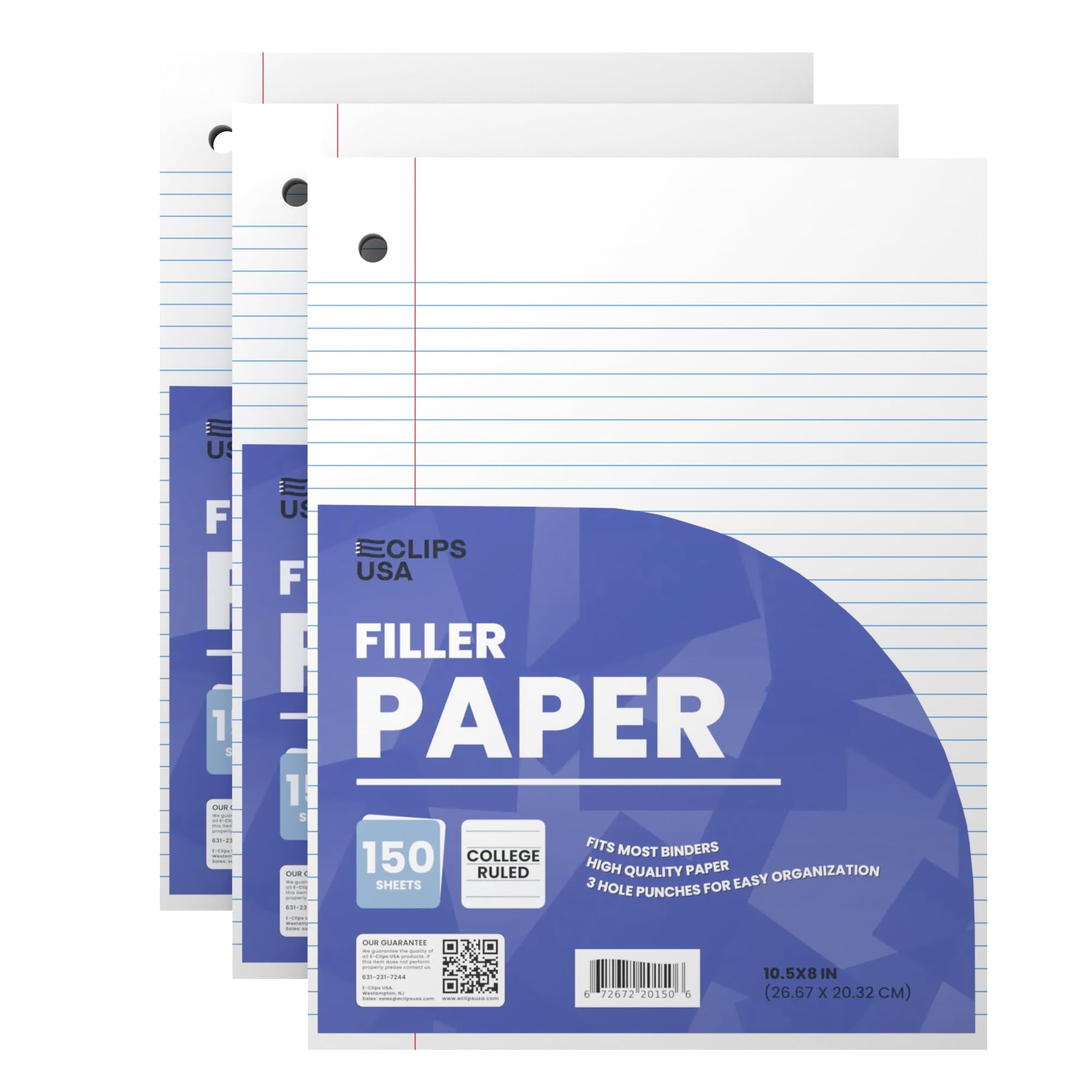 College Ruled Notebook Paper 10.5 x 8 Inches - 56 GSM Filler Paper, 150 Sheets per Pack (3 Packs, 450 Total Sheets) for School, Office & Note Taking - Loose Leaf Paper for Binders & Journals