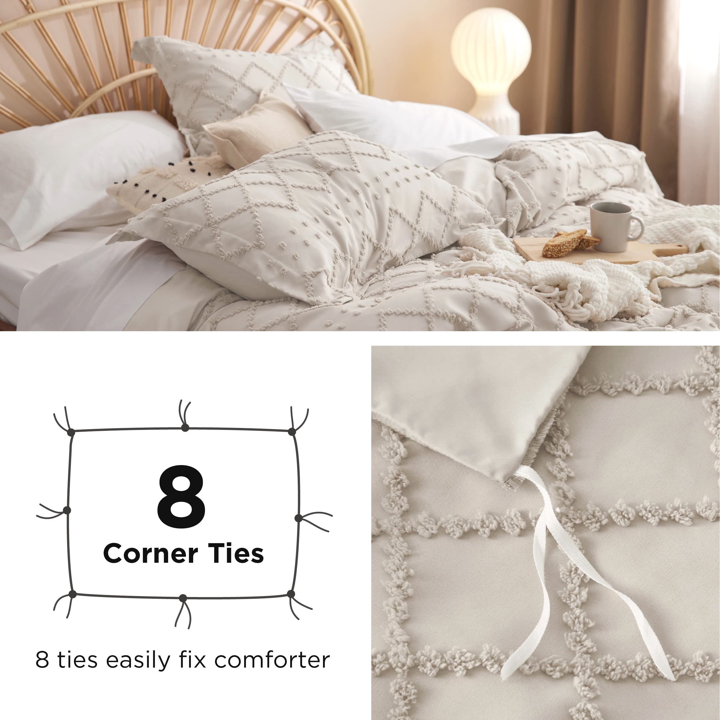 Boho Duvet Cover Queen Size - 3-Piece Shabby Chic Embroidery Bedding Set, All-Season Tufted Comforter Cover (Beige, 90x90 Inches) for Master Bedroom, Guest Room & Bohemian Home Decor