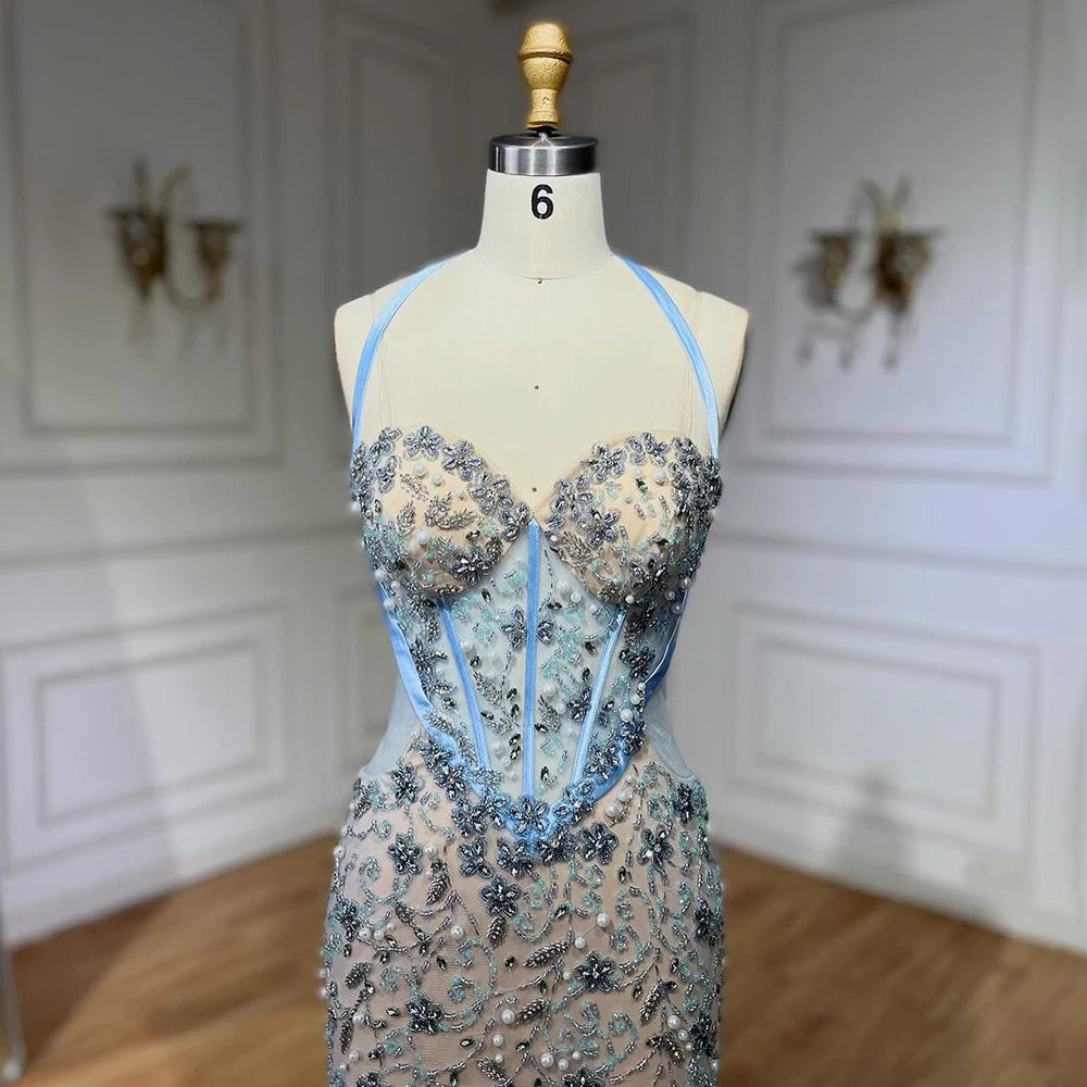 Luxury Dubai Blue Mermaid Evening Gown with Beaded Spaghetti Straps - Arabic Style Wedding Party Dress for Women 2025 | Perfect for Formal Events, Galas & Special Occasions