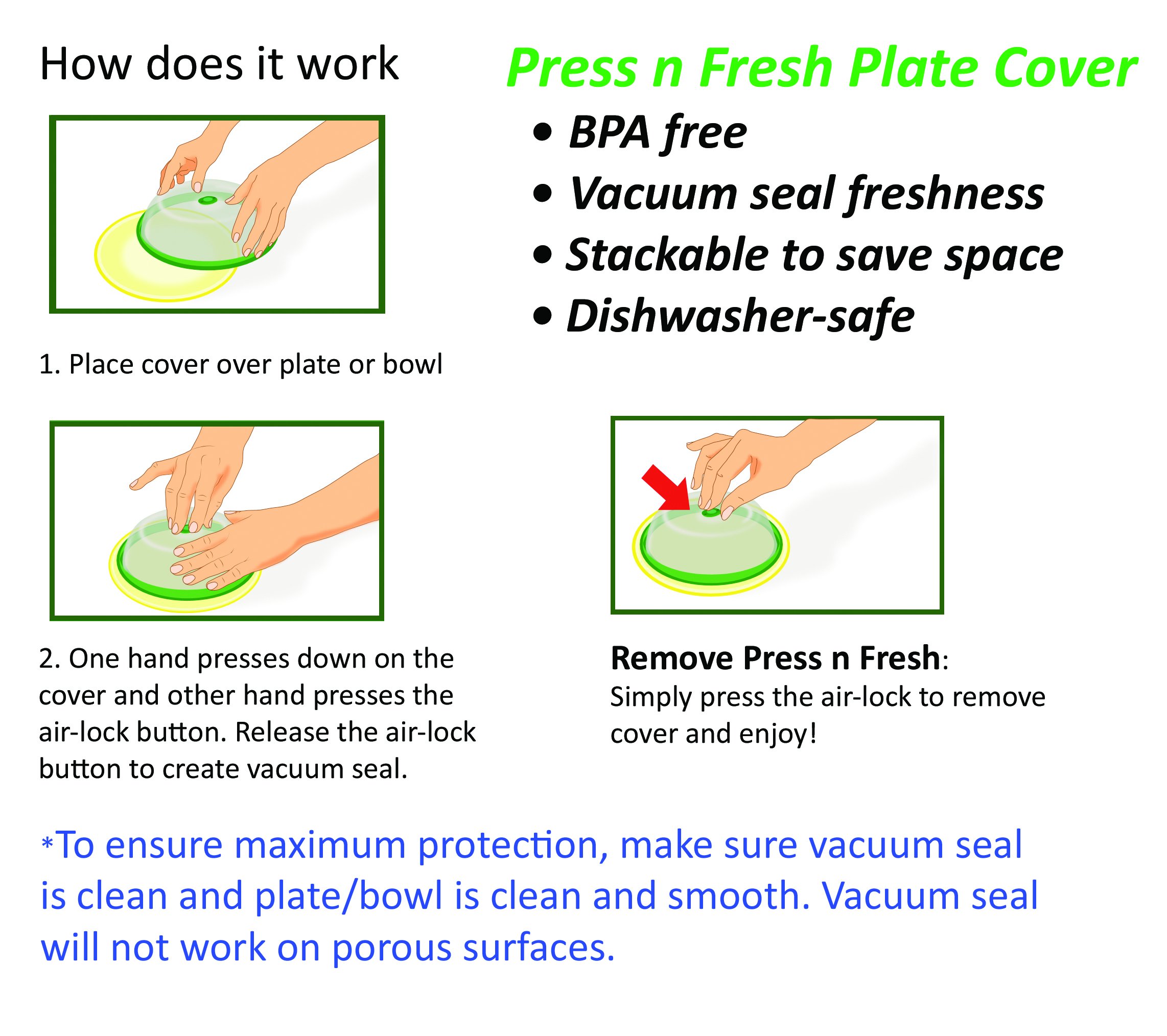 Press n Fresh Universal Vacuum Sealer Lid - Airtight Food Storage Container Cover for Freshness, BPA Free & Dishwasher Safe - Perfect for Meal Prep, Leftovers & Refrigerator Organization (Green, 9