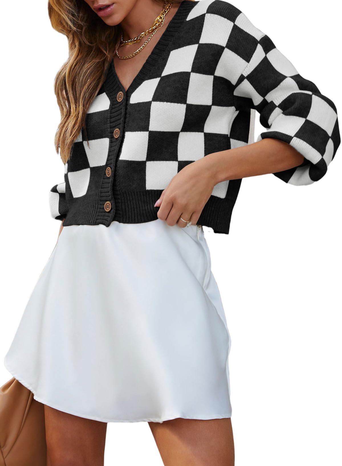 Dokotoo Women's Checkered V-Neck Button Down Long Sleeve Cable Knit Cropped Cardigan Sweater - Casual Fall & Winter Layering Top for Office, Date Night and Outfits