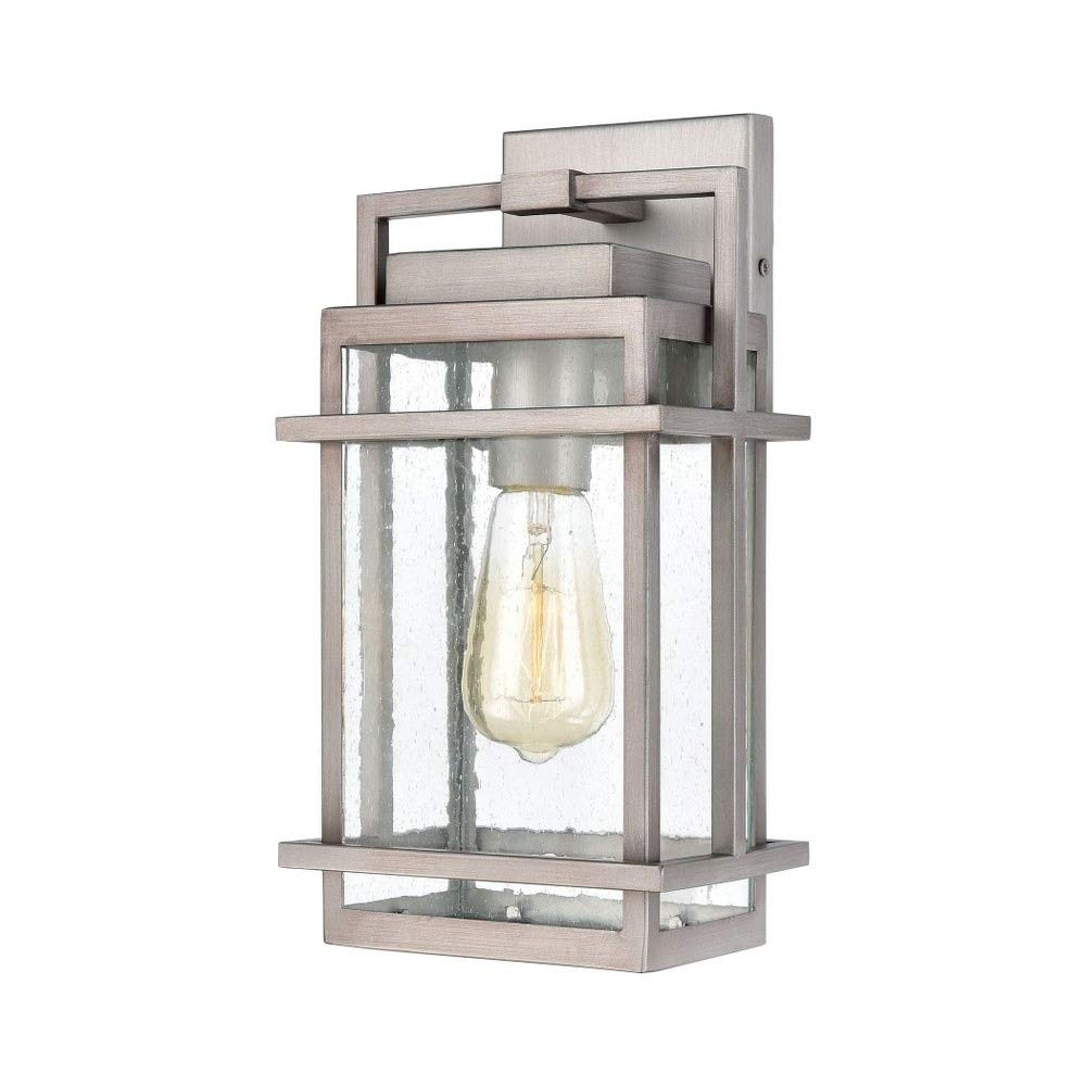 14 Inch Rectangular Outdoor Wall Light with Exposed Bulb - Modern Angular Lines Wall Lantern in Weathered Zinc Finish & Seeded Glass - Perfect for Porch, Patio, Garden, and Entryway Lighting