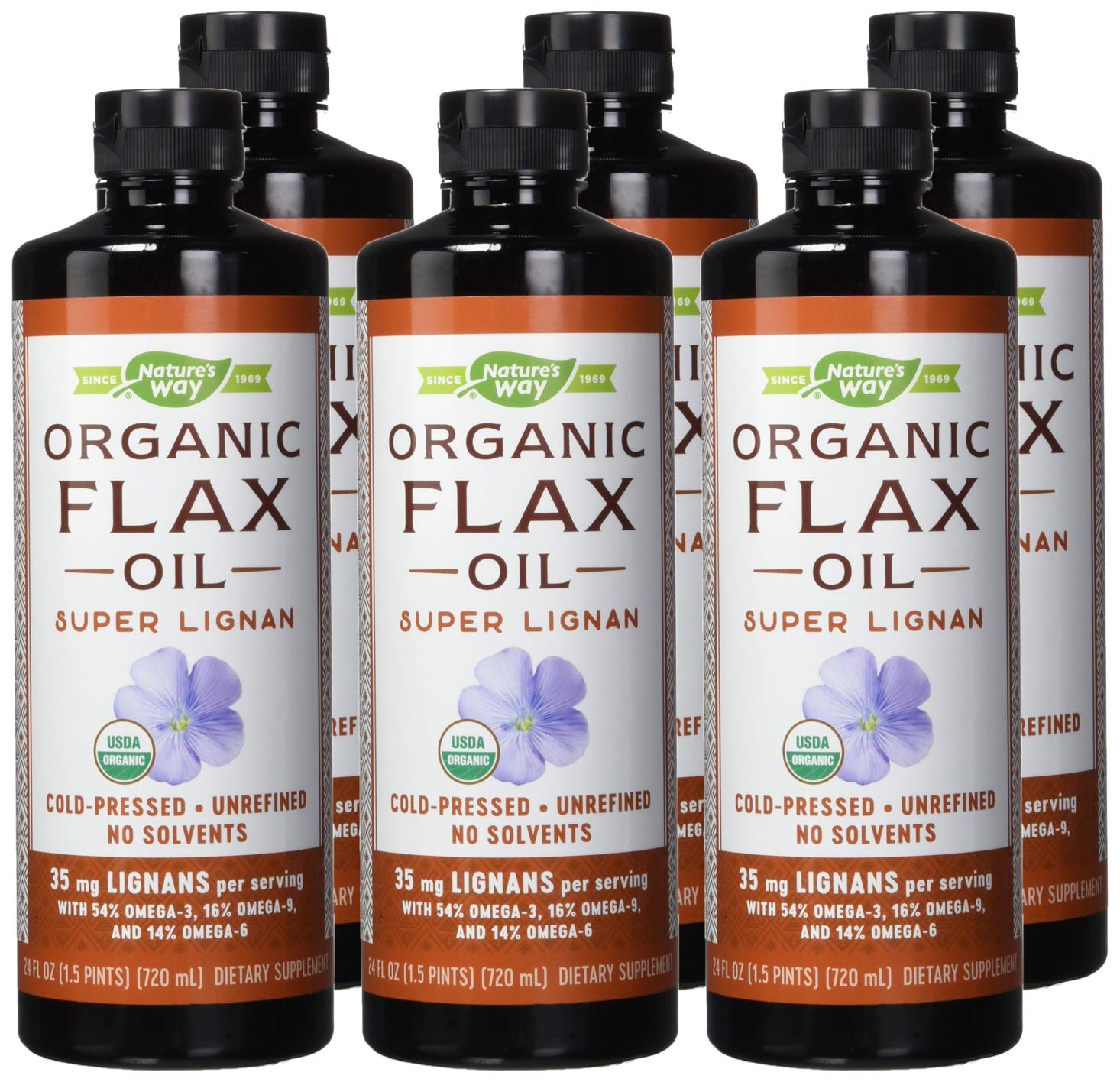 Nature's Way Organic Flax Oil Super Lignan - 24 Fl Oz (Pack of 6) | Cold-Pressed Omega-3 Supplement for Heart & Brain Health | Perfect for Smoothies, Salads & Daily Wellness Routine