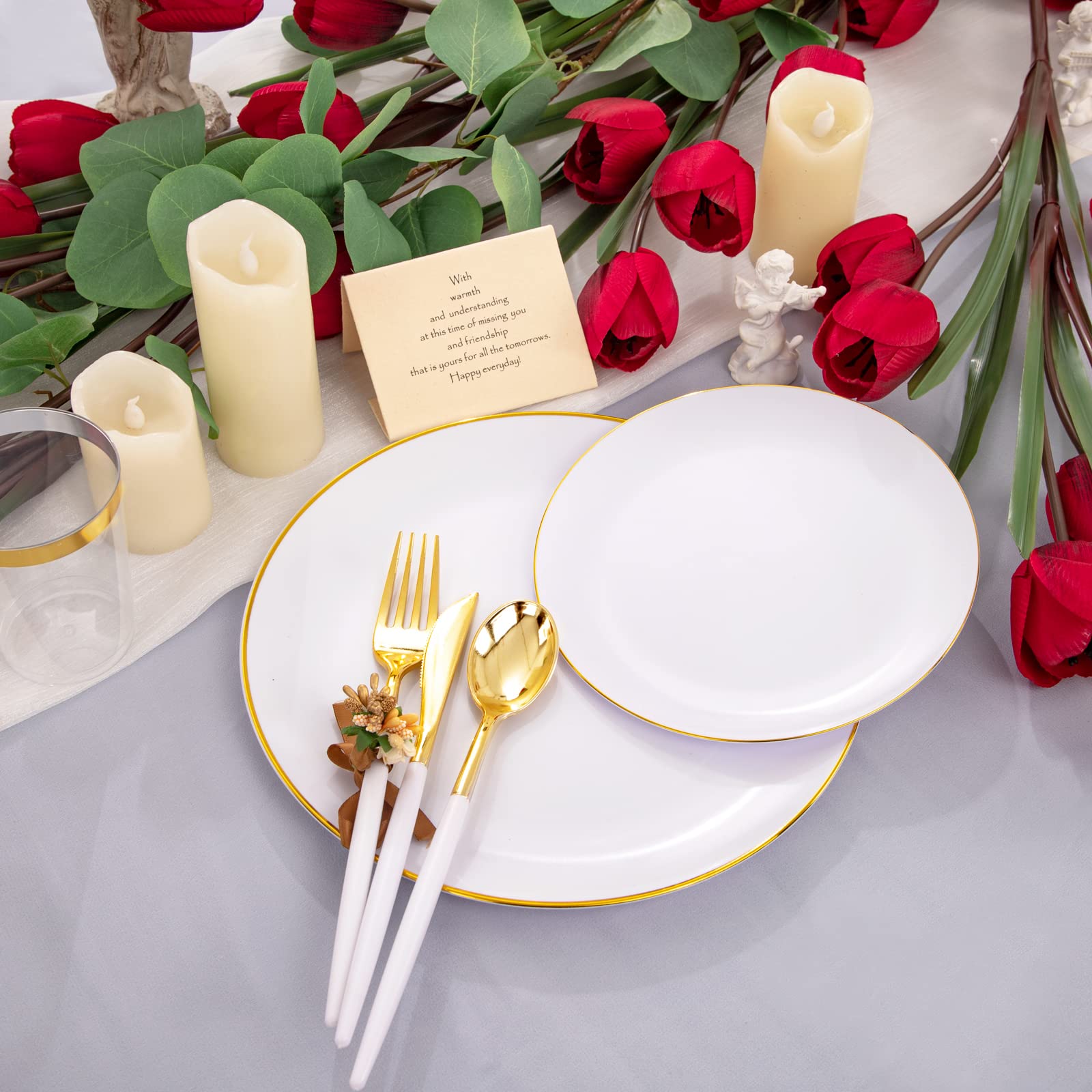 180-Piece White & Gold Disposable Plastic Plate Set - Heavy Duty Gold Plastic Dinnerware with White Handles for Parties, Birthdays, Weddings | Elegant Disposable Tableware for Catering, Events & Special Occasions