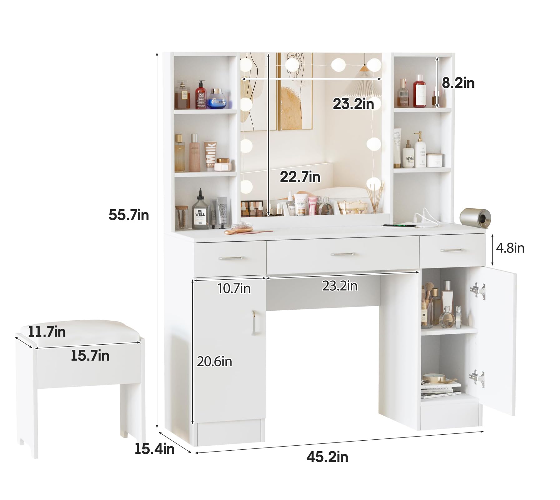 Vabches Makeup Vanity Table with LED Lighted Mirror & Built-in Power Outlet - Large Dressing Table with 3 Lighting Modes, Adjustable Brightness & Ample Storage (45.2 Inch) - Perfect for Bedroom, Dressing Room & Beauty Salon