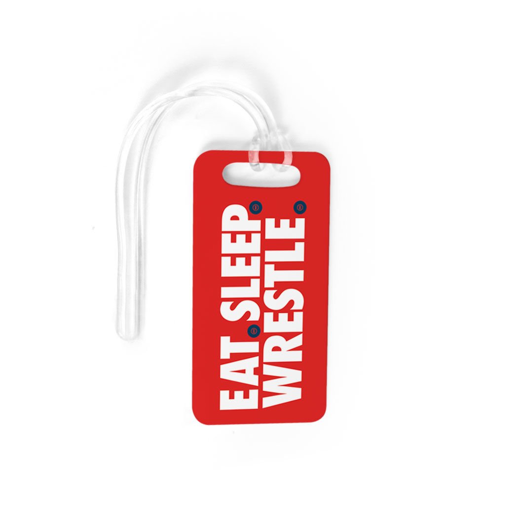 Custom Wrestling Luggage Tag - Eat Sleep Wrestle Design with Personal Info Space - Small Red Bag Tag for Wrestlers & Sports Fans - Perfect for Gym Bags, Travel Luggage & Sports Equipment