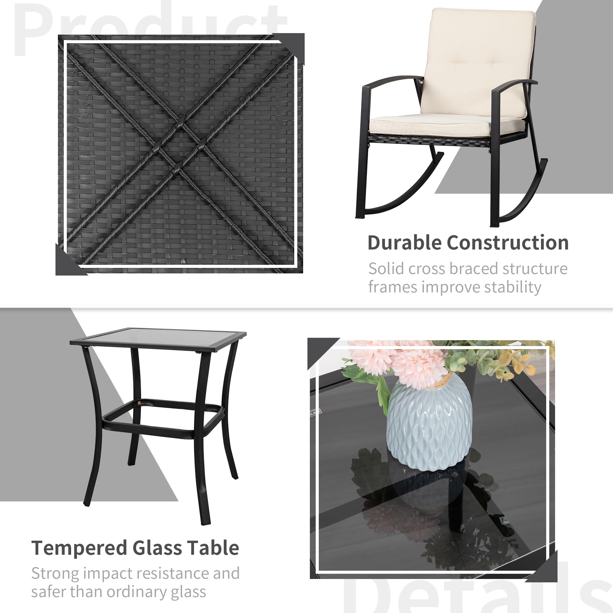 Shintenchi 3-Piece Wicker Rocking Bistro Set - 2 Rattan Porch Chairs with Glass Coffee Table, Beige Outdoor Patio Furniture for Garden, Deck, Poolside & Backyard Relaxation