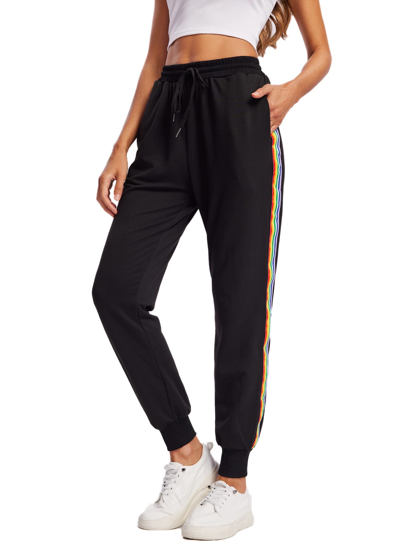 SweatyRocks Women's Striped Jogger Sweatpants - Drawstring Waist, Side Pockets | Comfortable Lounge Pants for Yoga, Running & Casual Wear