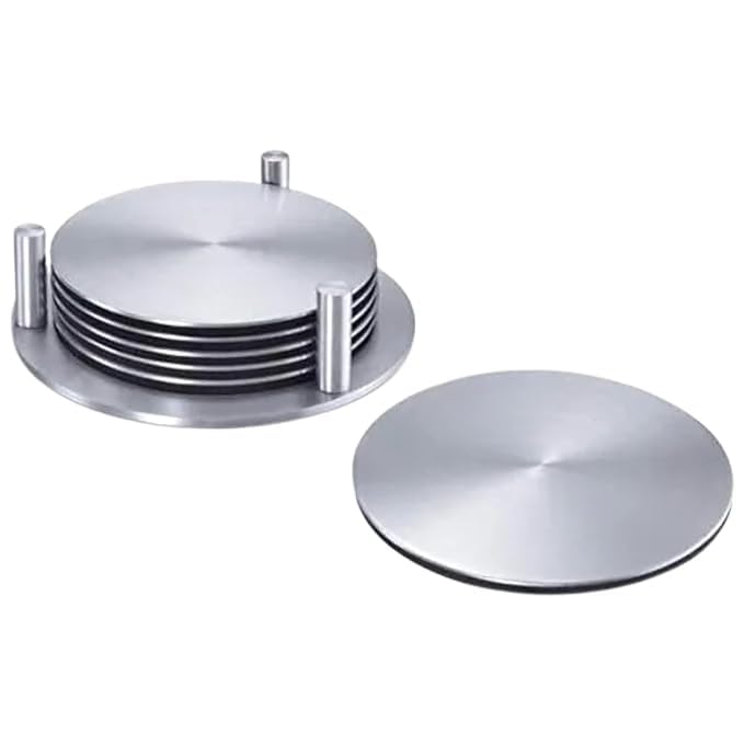 Homz Stainless Steel Round Coaster Set with Stand - 6-Piece Matte Finish Drink Coasters for Coffee, Tea, Wine & Beer - Durable Table Protectors for Dining Room, Bar, Office & Home Decor