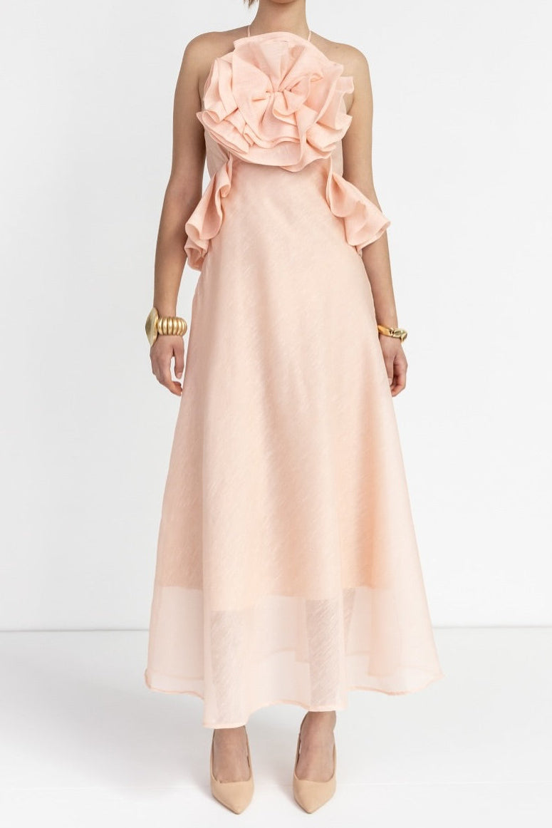 Aurora Halter Neck Ruffle Maxi Dress in Pink - Elegant Summer Beach Wedding Party Dress for Women