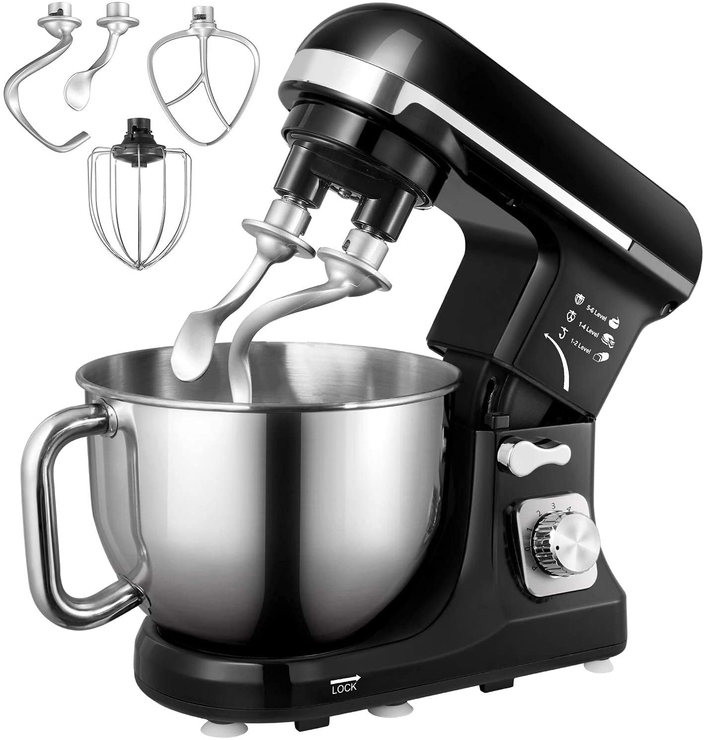 Fohere 6+ Speed Stand Mixer with Tilt-Head - Includes Double Dough Hook, Wire Whip & Beater - 4.5QT Stainless Steel Bowl with Handle & Pouring Shield - Perfect for Baking Bread, Cakes & Cookies - Dishwasher Safe (Black) - Ideal for Home Bakers & Kitchen Enthusiasts
