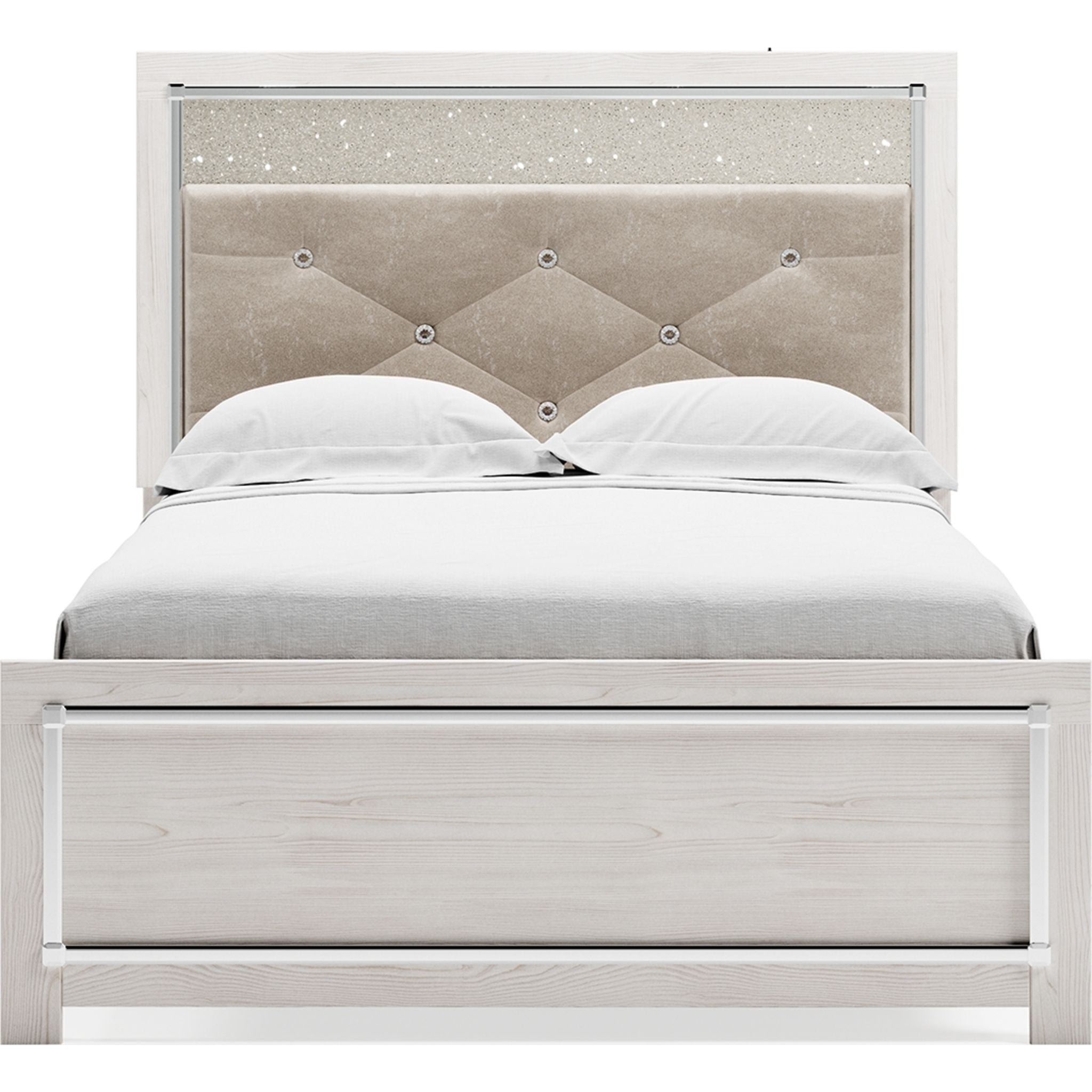 Altyra White Panel Bed Frame - Queen Size, Modern Platform Bed with Upholstered Headboard for Bedroom Decor