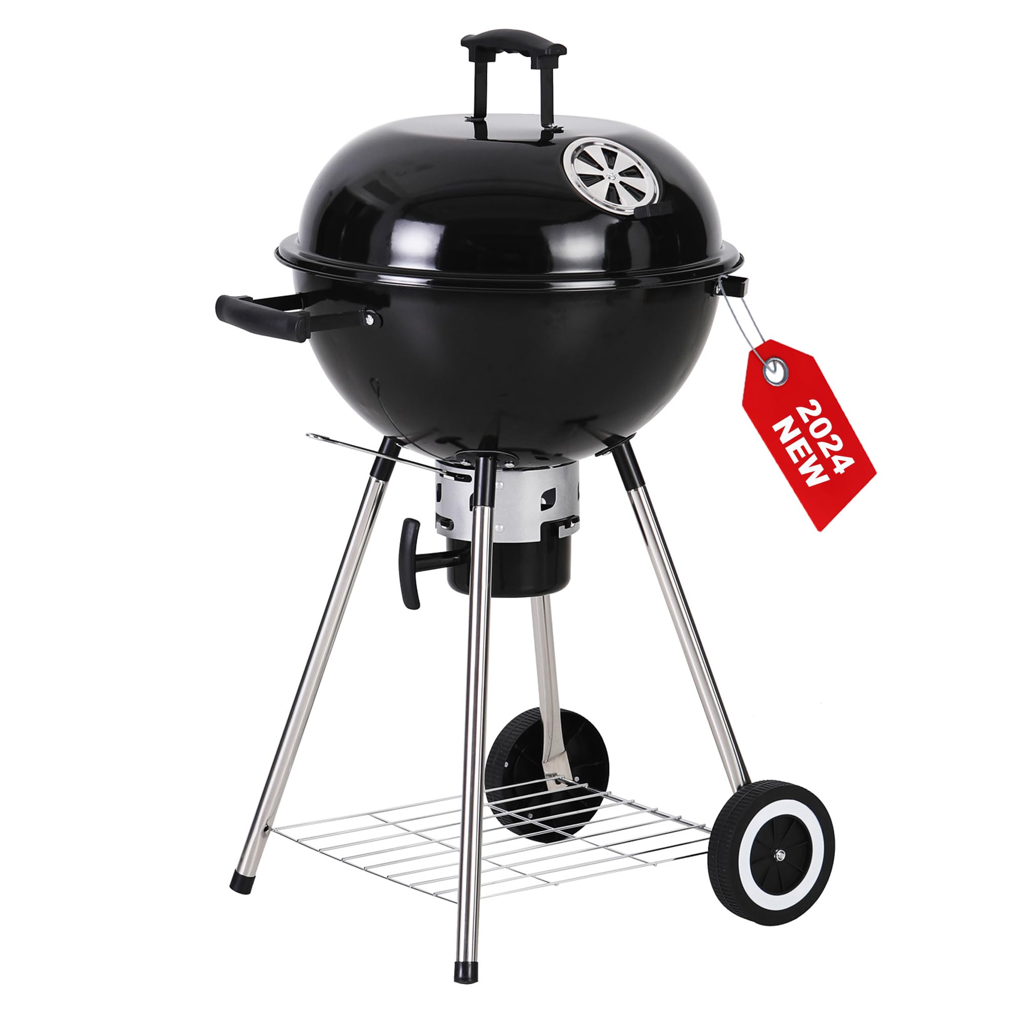 GREEN PARTY 18 Inch Portable Charcoal BBQ Grill with Wheels - Porcelain-Enameled Lid & Ash Catcher for Outdoor Cooking, Camping, Picnics, Tailgating & Backyard Barbecues | Heavy-Duty Kettle Grill for Patio, Garden & RV Trips