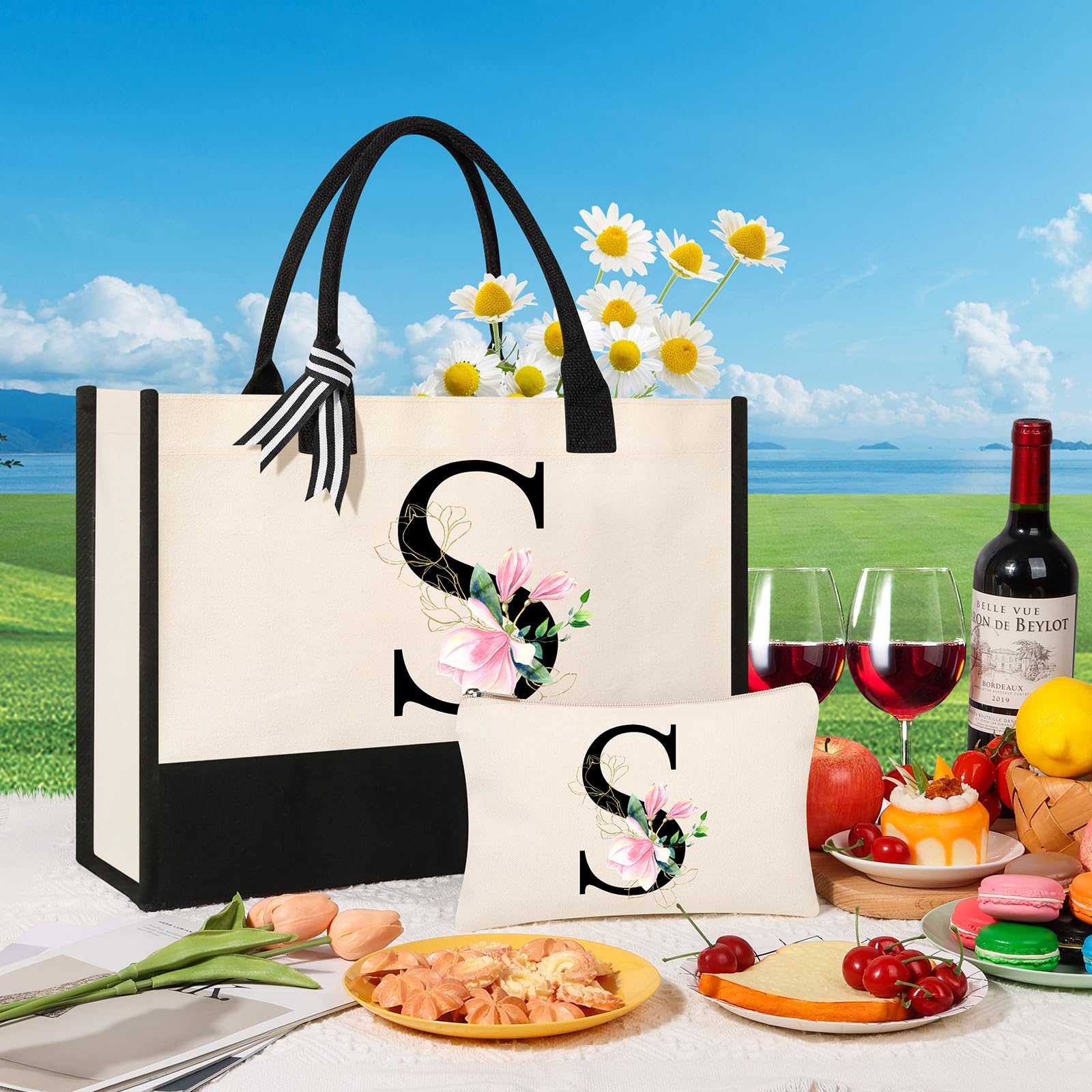 AYGE Personalized Initial Canvas Beach Bag & Cosmetic Tote - Monogrammed Gifts for Women, Sister, Mom, Teacher & Bridesmaid (Small) - Perfect for Beach Trips, Travel & Birthday Presents