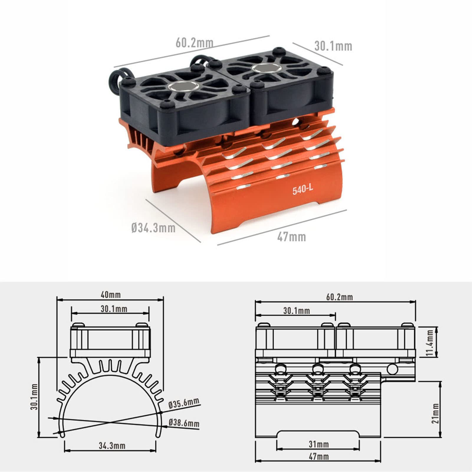 High-Performance RC Motor Cooling Heatsink with Dual Fans | 263mm x 36mm Aluminum Heatsink Cover with Extension Cable | Replacement Part for RC Cars, Trucks & Drones (Orange) | Ideal for Racing, Off-Road & High-Speed RC Applications