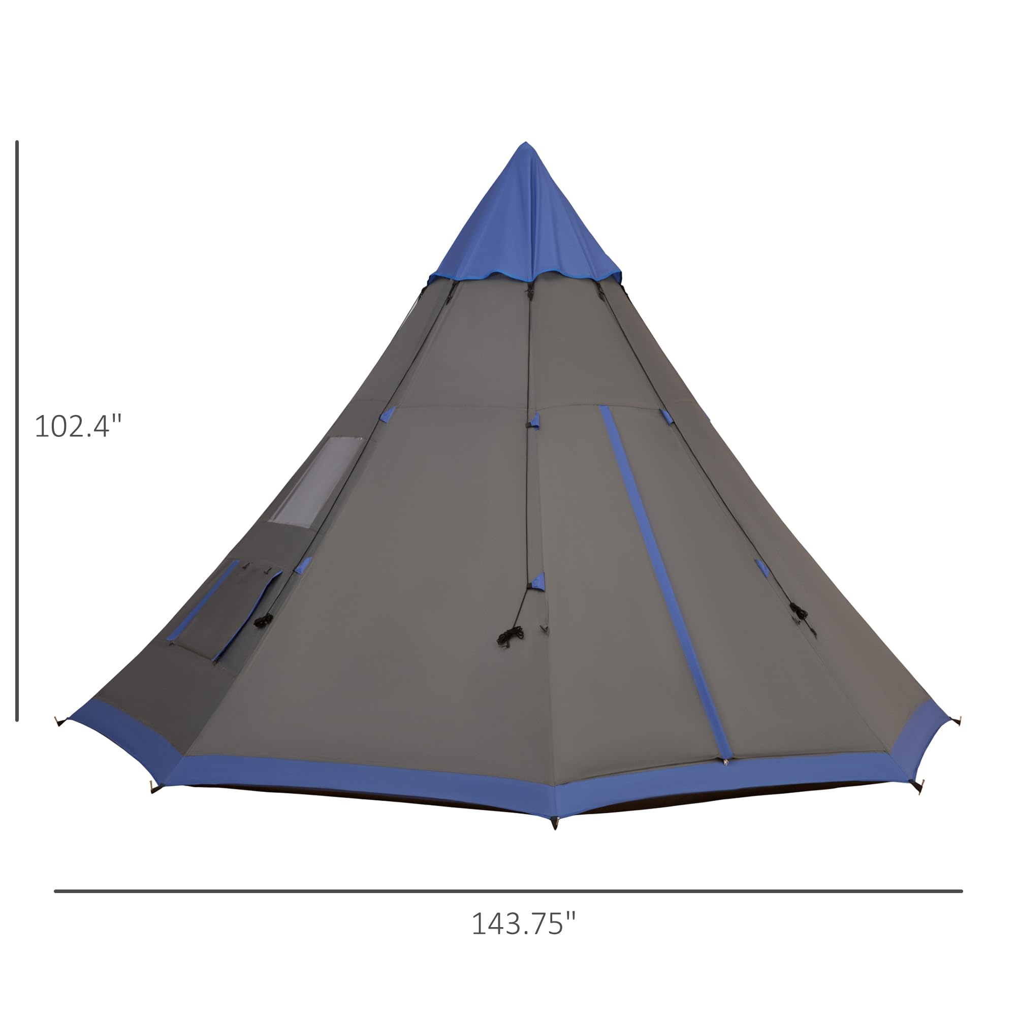 Outsunny 12Ft 4-Season Camping Tent for 6-7 People, Waterproof Teepee Tent with 8 Mesh Windows, Perfect for Family & Friends Outdoor Adventures, Hiking, Backpacking, and Beach Camping