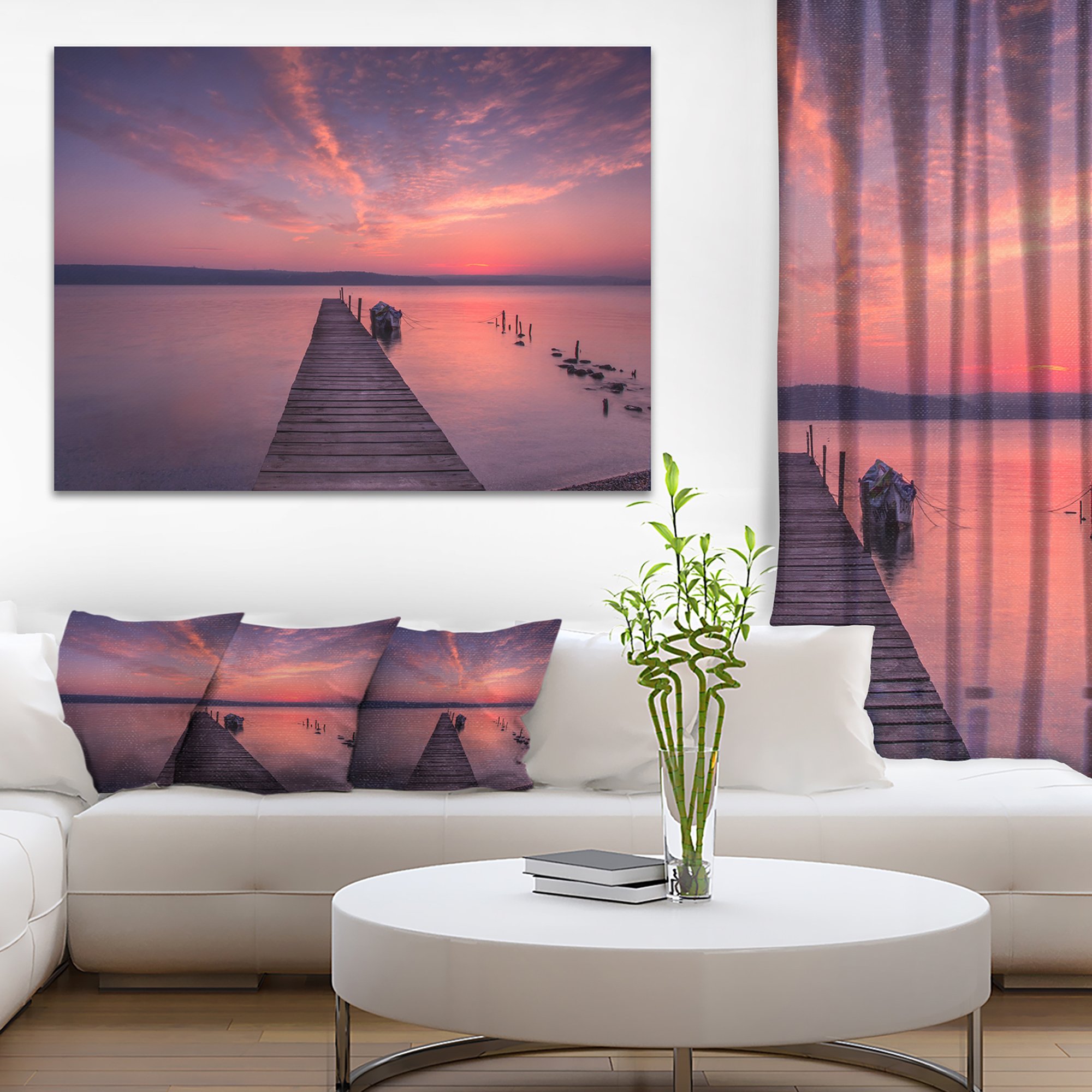Wooden Pier Under Red Sky Seascape Canvas Wall Art Print - Coastal Beach Decor for Living Room, Bedroom & Office