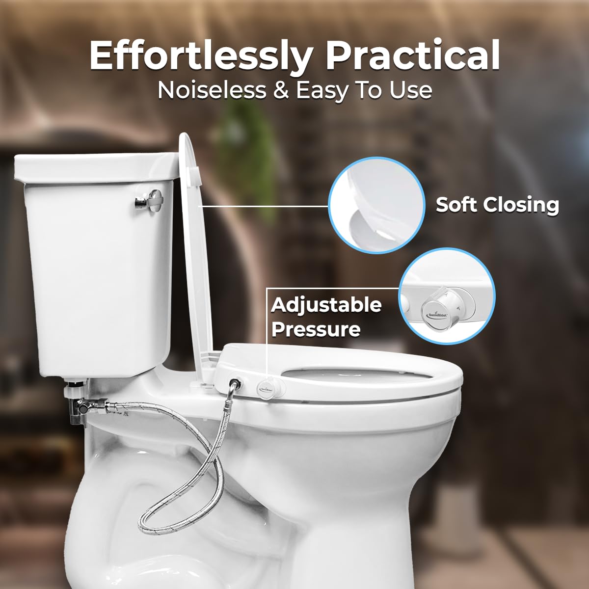 GenieBidet Non-Electric Bidet Toilet Seat Round - Adjustable Self-Cleaning Nozzles with T Adapter & Water Bottle - Hygienic Bidet Attachment for Bathroom Comfort - Perfect for Home, RV & Travel Use