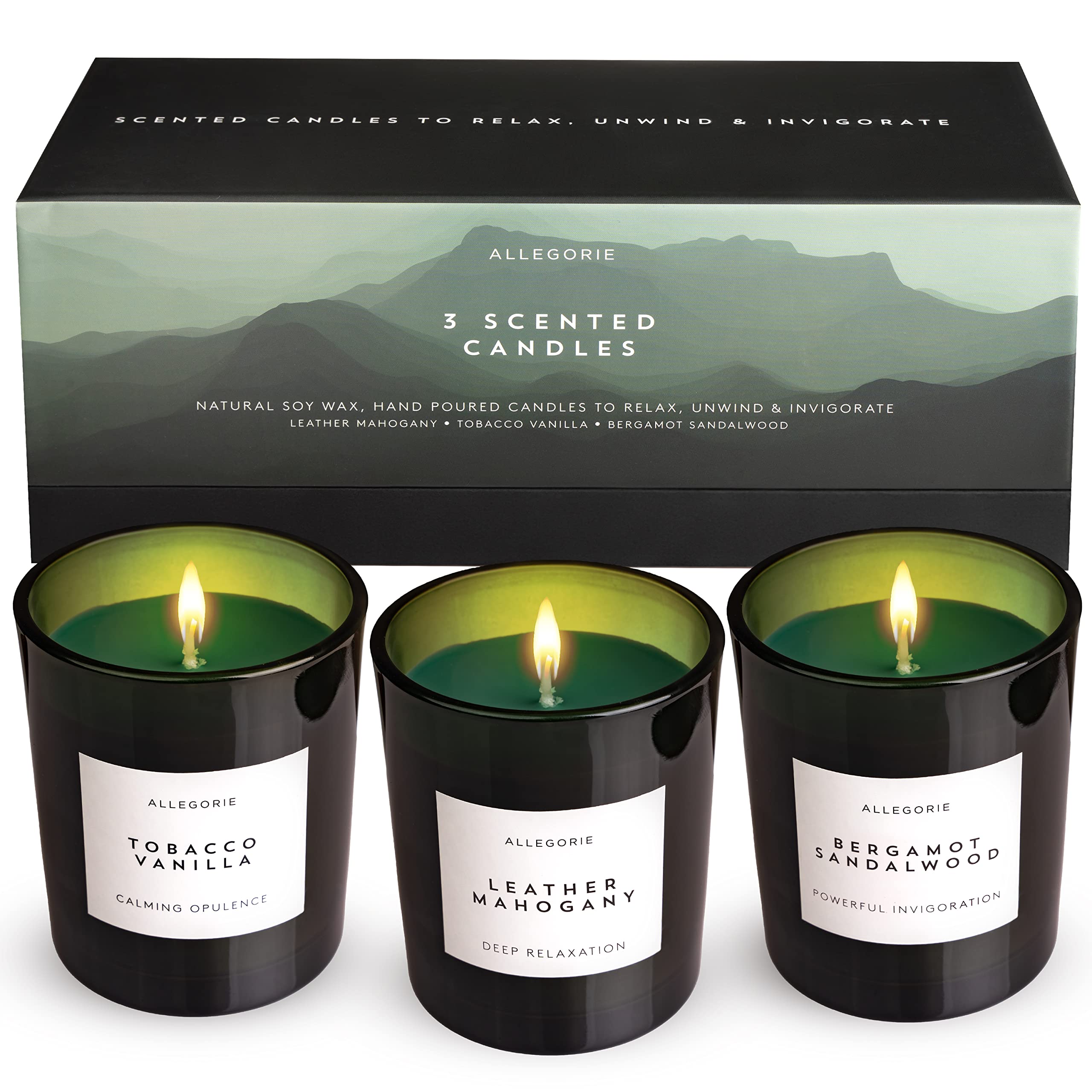 Premium Set of 3 Scented Candles for Men - Bergamot Sandalwood, Leather Mahogany & Tobacco Vanilla | 100% Natural Soy Wax Candles (5.6oz Each) | Perfect for Home Office, Man Cave, Gifts & Relaxation
