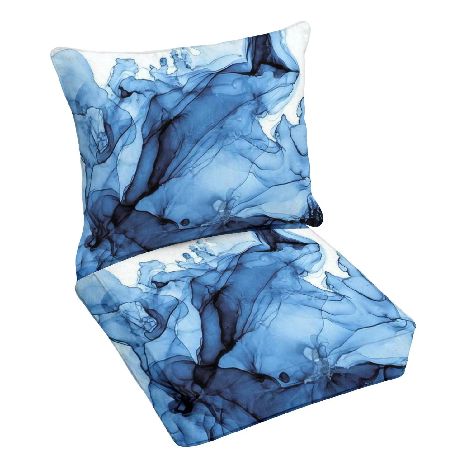 Premium Outdoor Deep Seating Cushion Set - Waterproof Oil-Resistant Blue Indigo Marble Pattern - Replacement Cushions for Patio Lounge Chairs & Conversation Sets - Perfect for Backyard, Poolside & Outdoor Living Spaces