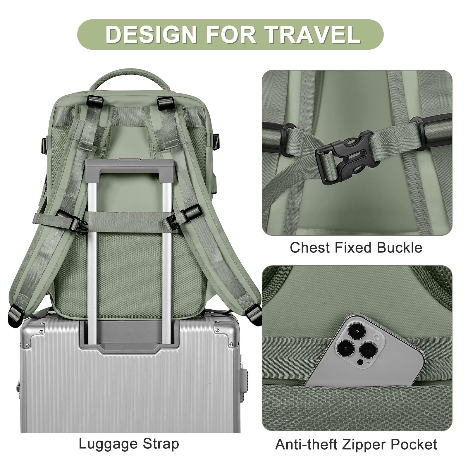 Coofay Airline Approved Carry On Backpack for Women & Men - Waterproof Travel Backpack, Lightweight Hiking Daypack, Casual Sports Luggage (Grey Green) - Perfect for Flights, Commuting, Outdoor Adventures & Daily Use