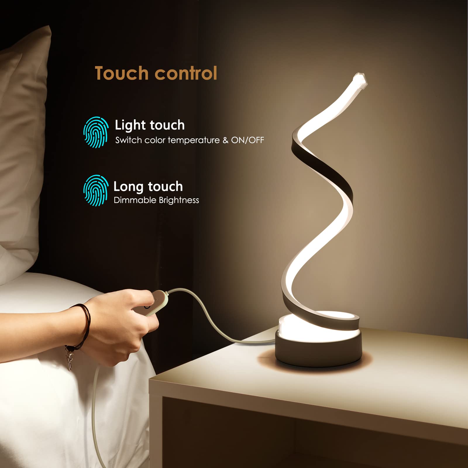 Classic Spiral LED Table Lamp with Touch Control - White Bedside Lamp for Nightstand, Small Desk Lamp for Bedroom, Living Room, Kids Room, Office, Dorm - Perfect for Reading, Studying, and Relaxing
