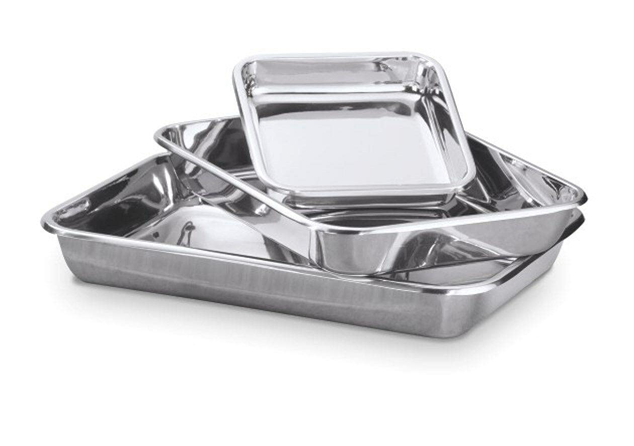 Premium 18/8 Stainless Steel 3-Piece Baking Pan Set - Rectangular & Square Bakeware with Silicone Molds for Cakes, Muffins & Desserts | Essential Kitchen Baking Supplies for Home Bakers & Cake Decorating | Perfect for Birthday Parties, Holiday Baking & Family Gatherings