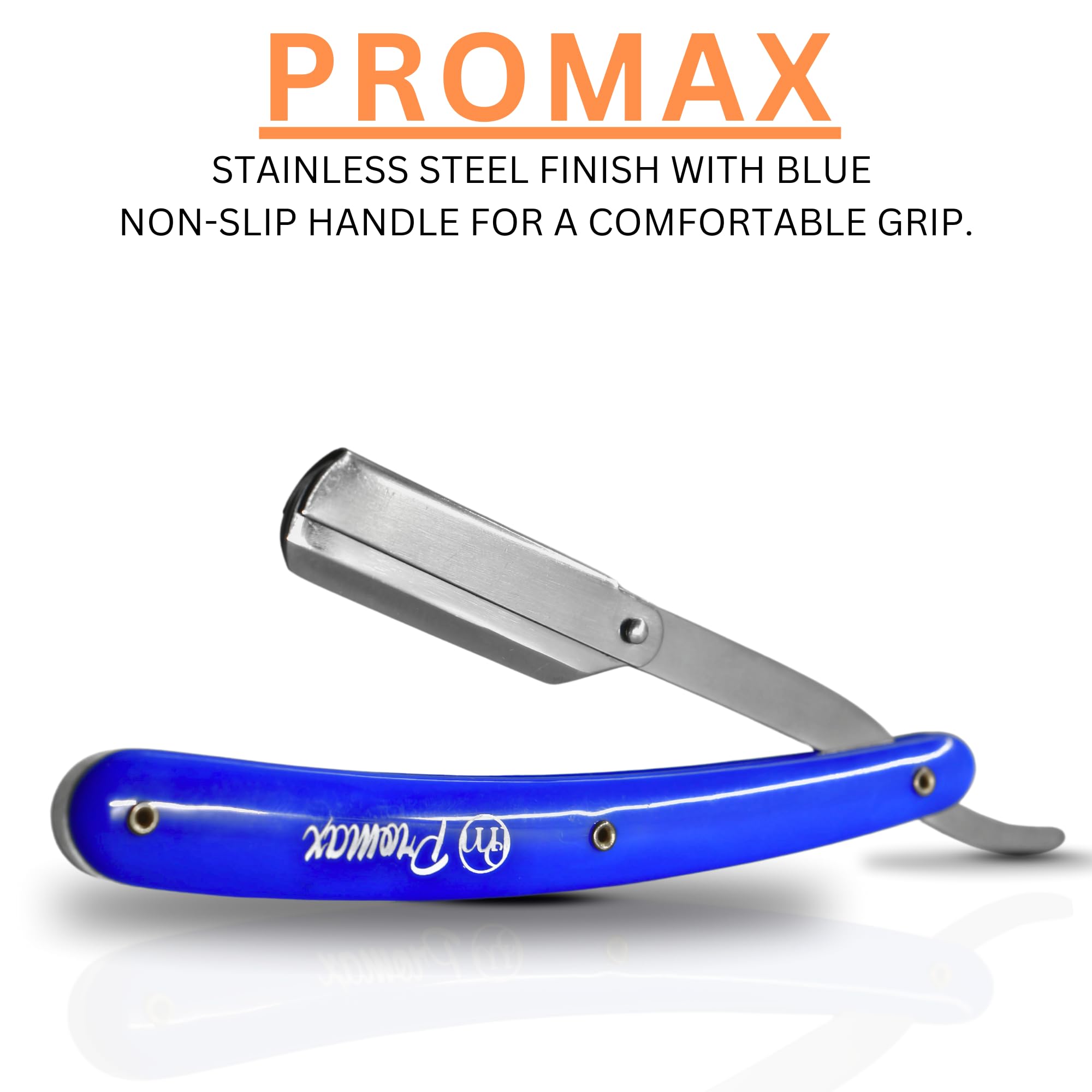 ProMax Care Professional Straight Razor for Men - Blue Non-Slip Handle with 100 Derby Blades - High-Quality Steel & Ergonomic Design - Perfect for Barber Shaving, Grooming & Personal Care at Home