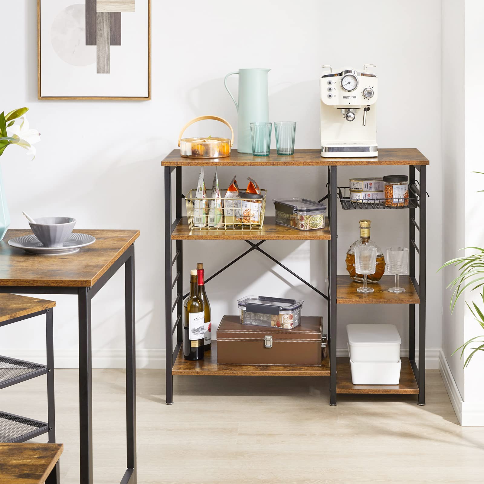 YMYNY Rustic Brown Baker's Rack - 35.4×33.1×15.75 Inch Multifunctional Kitchen Organizer with Coffee Bar Station, Microwave Stand & 6 S-Hooks - Perfect for Small Kitchen Storage, Pantry Organization & Coffee Bar Setup
