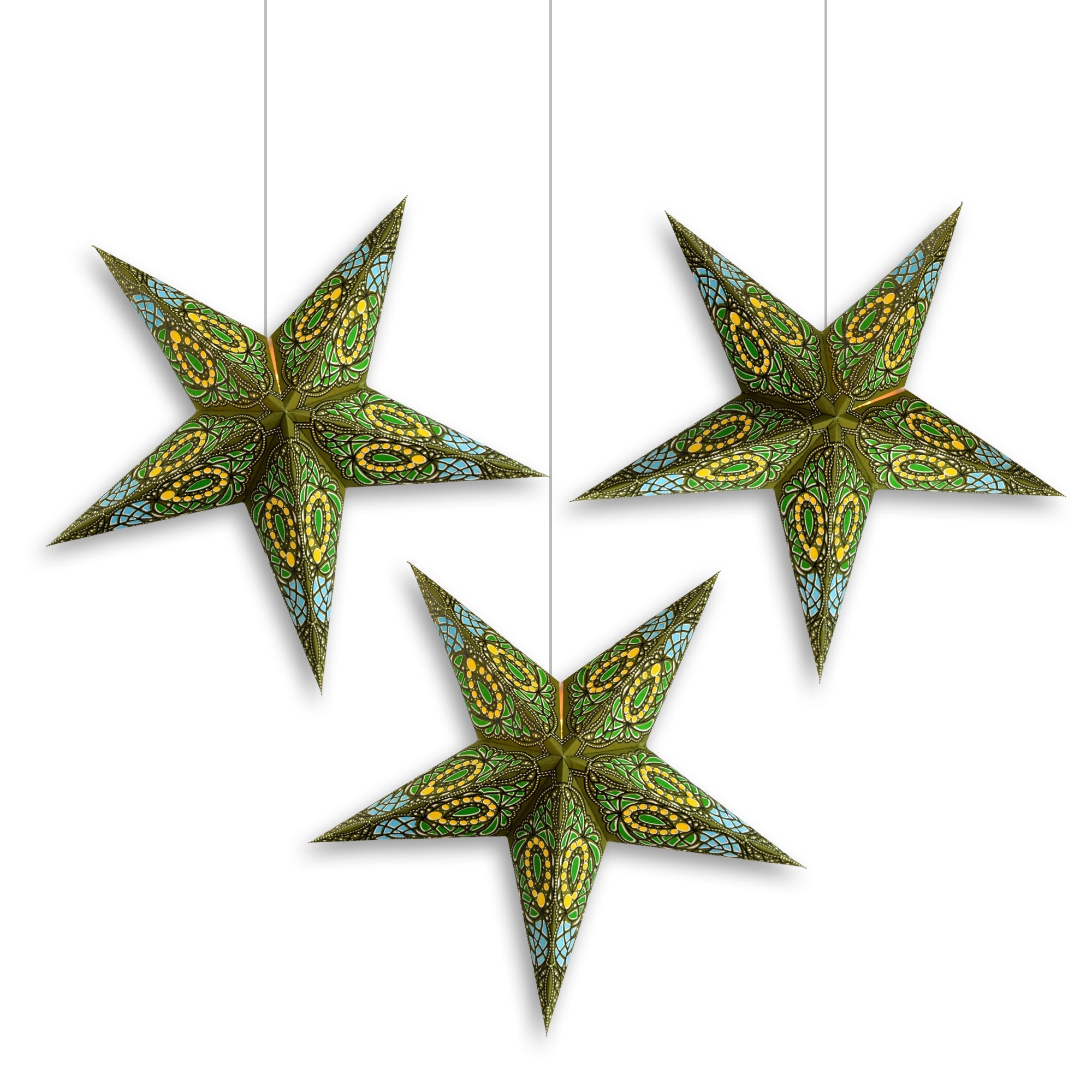 3 Pack 24 Inch Green Brown Galactic Glitter Paper Star Lanterns with Triple Pendant Lights - Perfect for Bedroom, Wedding, Party & Home Decor